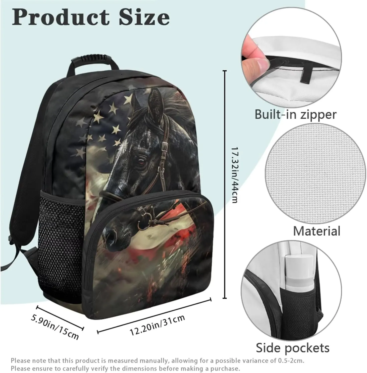 HUGS IDEA American Flag Horse School Bookbag for Boys 8-10 17 Inch Backpack Set for Elementary Kids 4Pcs Bookbag Includes Thermal Lunch Box, Stationery Case Kids Travel Daypack