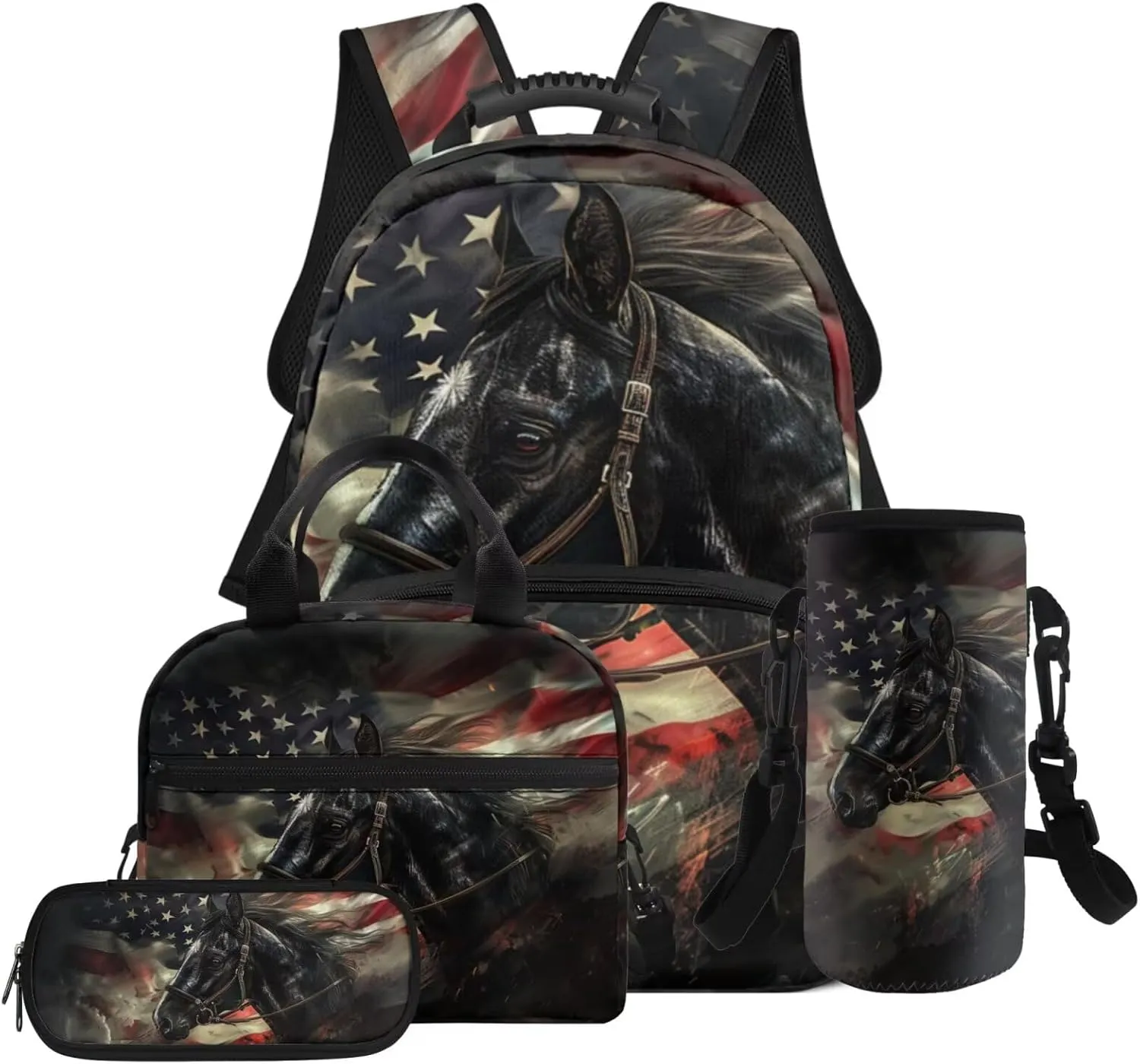 HUGS IDEA American Flag Horse School Bookbag for Boys 8-10 17 Inch Backpack Set for Elementary Kids 4Pcs Bookbag Includes Thermal Lunch Box, Stationery Case Kids Travel Daypack