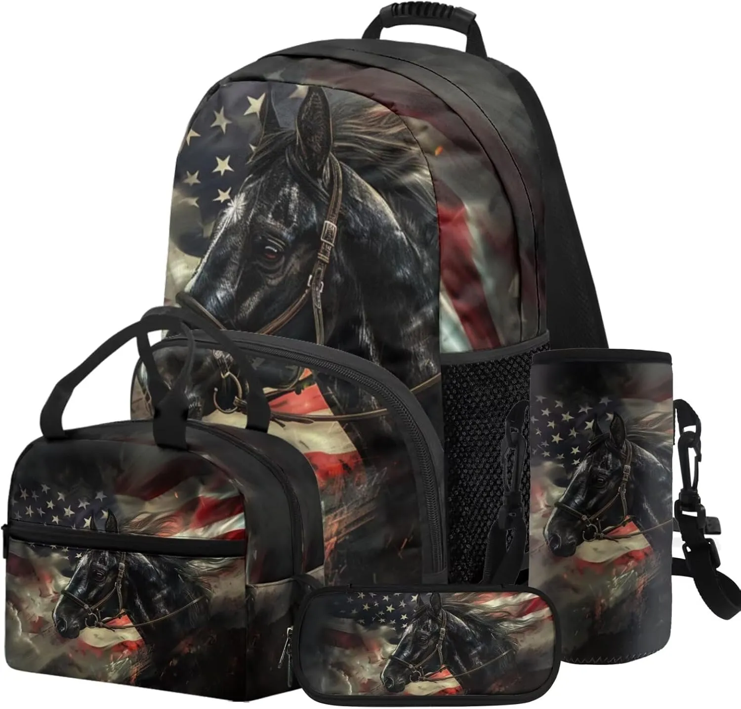 HUGS IDEA American Flag Horse School Bookbag for Boys 8-10 17 Inch Backpack Set for Elementary Kids 4Pcs Bookbag Includes Thermal Lunch Box, Stationery Case Kids Travel Daypack