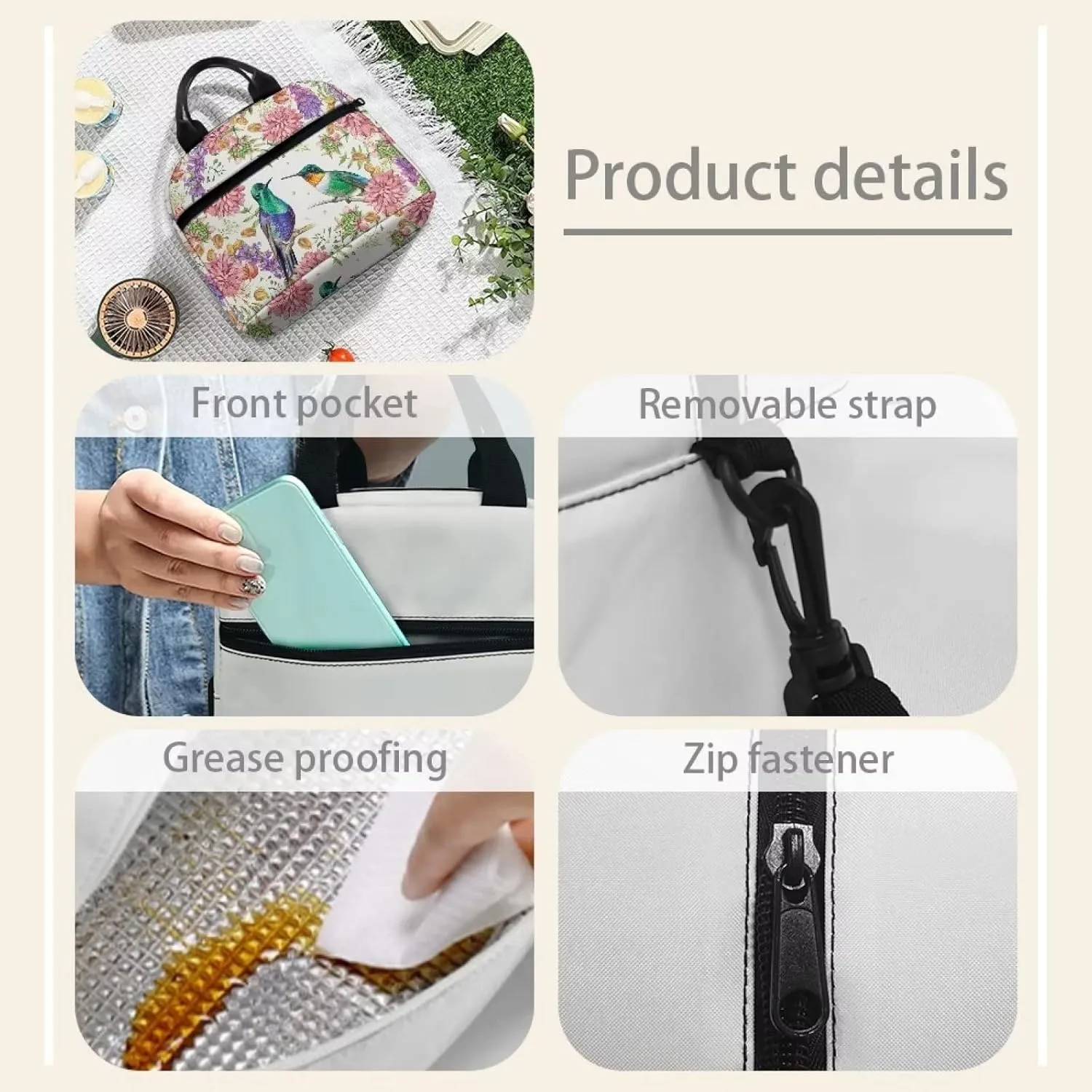 Hummingbird Lunch Bags Insulated Lunch Bag for Women Girls Lunch Tote Bags Portable Cooler Lunch Box Thermal Luncboxes Picnic Organzier for Picnic Beach School Work