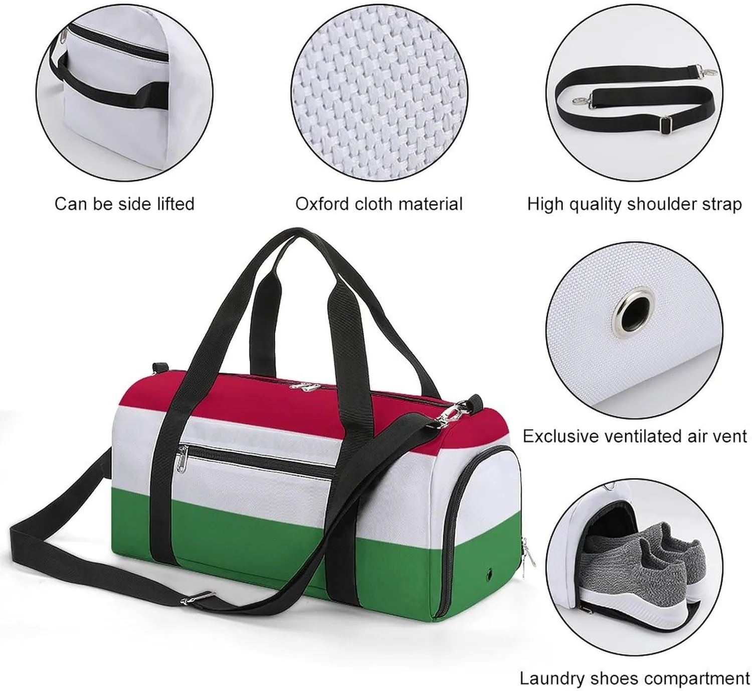 Hungary Flag Travel Gym Bag Waterproof Weekender with Shoe Compartment and Wet Pocket