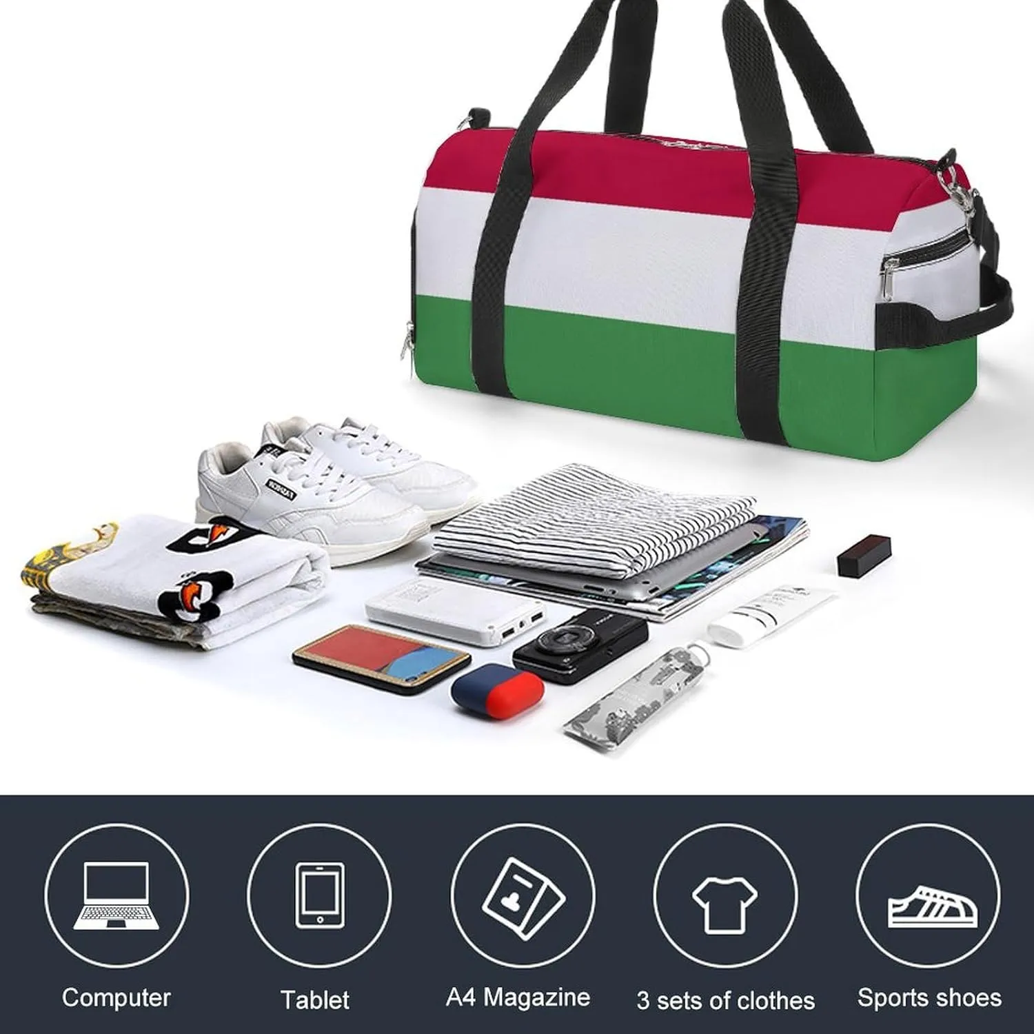 Hungary Flag Travel Gym Bag Waterproof Weekender with Shoe Compartment and Wet Pocket