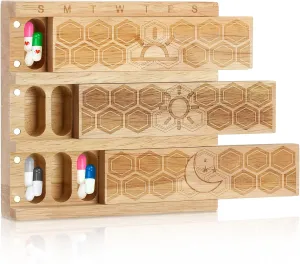 Hushee Wood Weekly Pill Organizer 3 Times a Day 7 Day Large Medicine Box Holder Daily Medication Case Vitamin Dispenser Pill Sorter Fish Oil Containers for Weekly Supplements Outdoor Travel