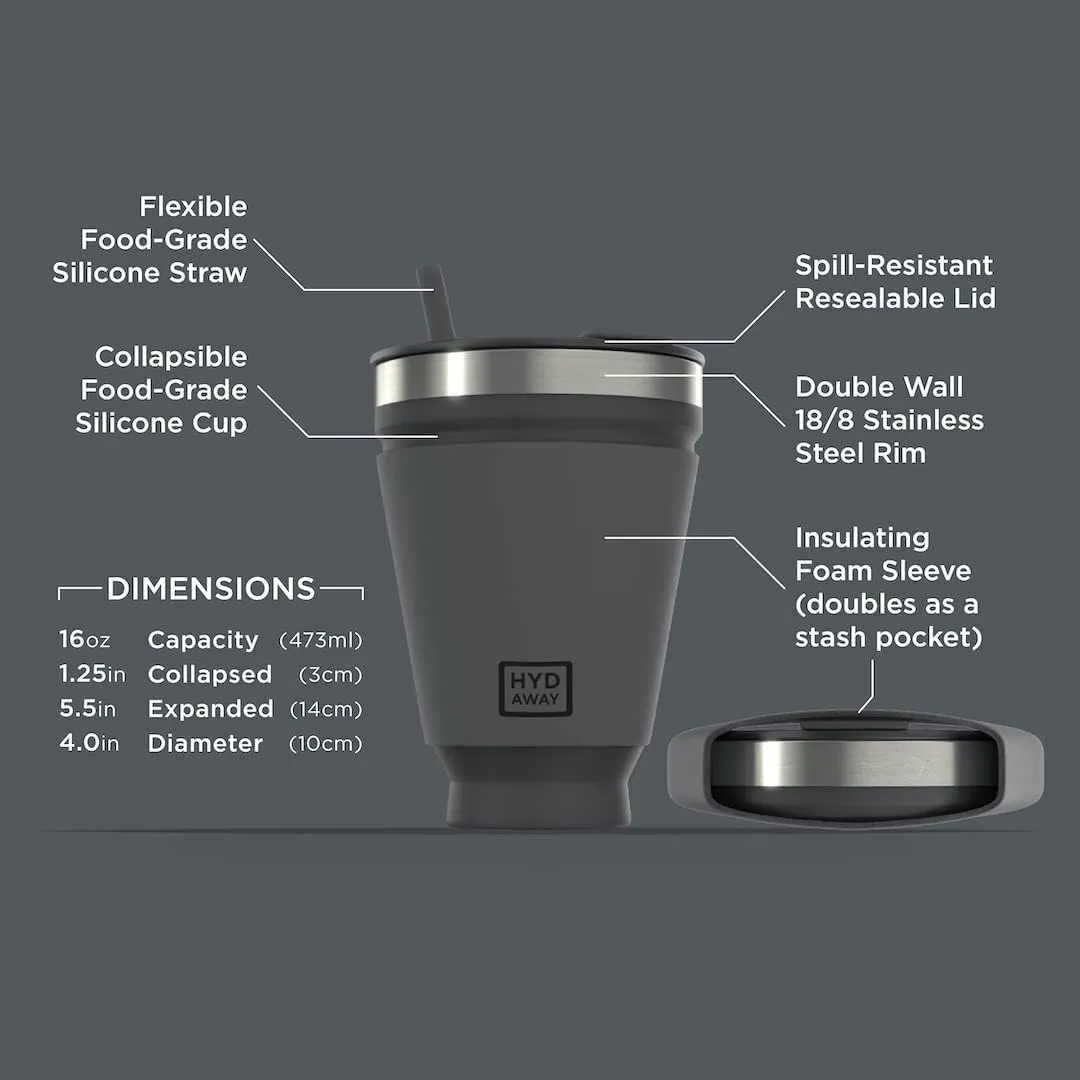 HYDAWAY Collapsible Drink Tumbler | Portable, Insulated, Hot & Cold Drink Cup for Coffee, Tea, Smoothies, Beer, Cocktails, Travel, Commuting, Camping, Events | 16oz Capacity (Ember)