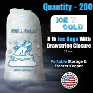 Ice Bags with Drawstring Closure | 8lb, 200ct/cs | 37 mic Thickness | Portable Storage and Freezer Keeper