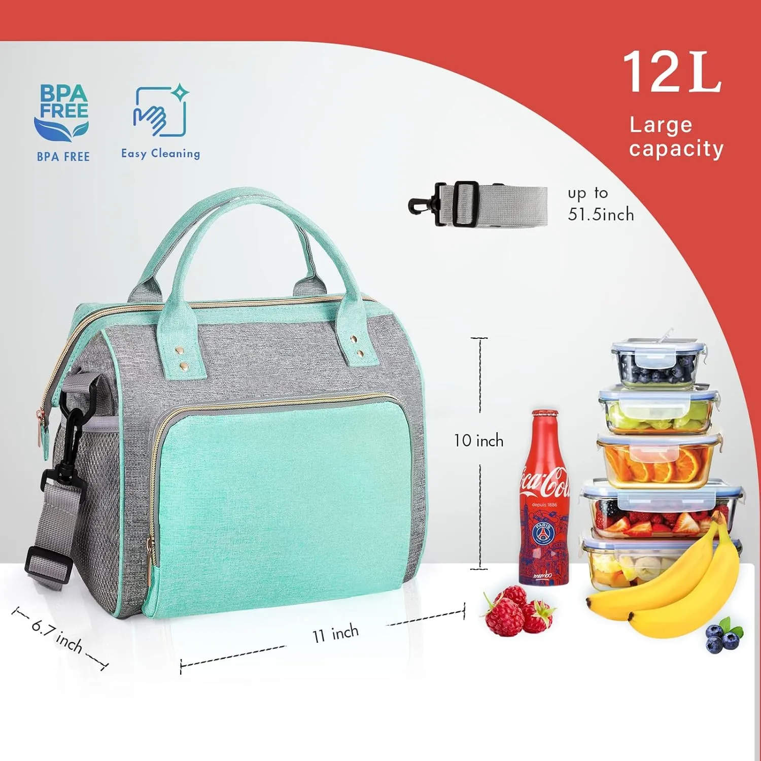 IDEATECH Insulated Lunch Bag Women, Leakproof Large Lunch Box, Reusable Lunch Cooler Bag with Adjustable Strap, Lunch Tote Bag for Work Women, Teal Lunch Tote Bags Gifts for Woman, Mom(Green)