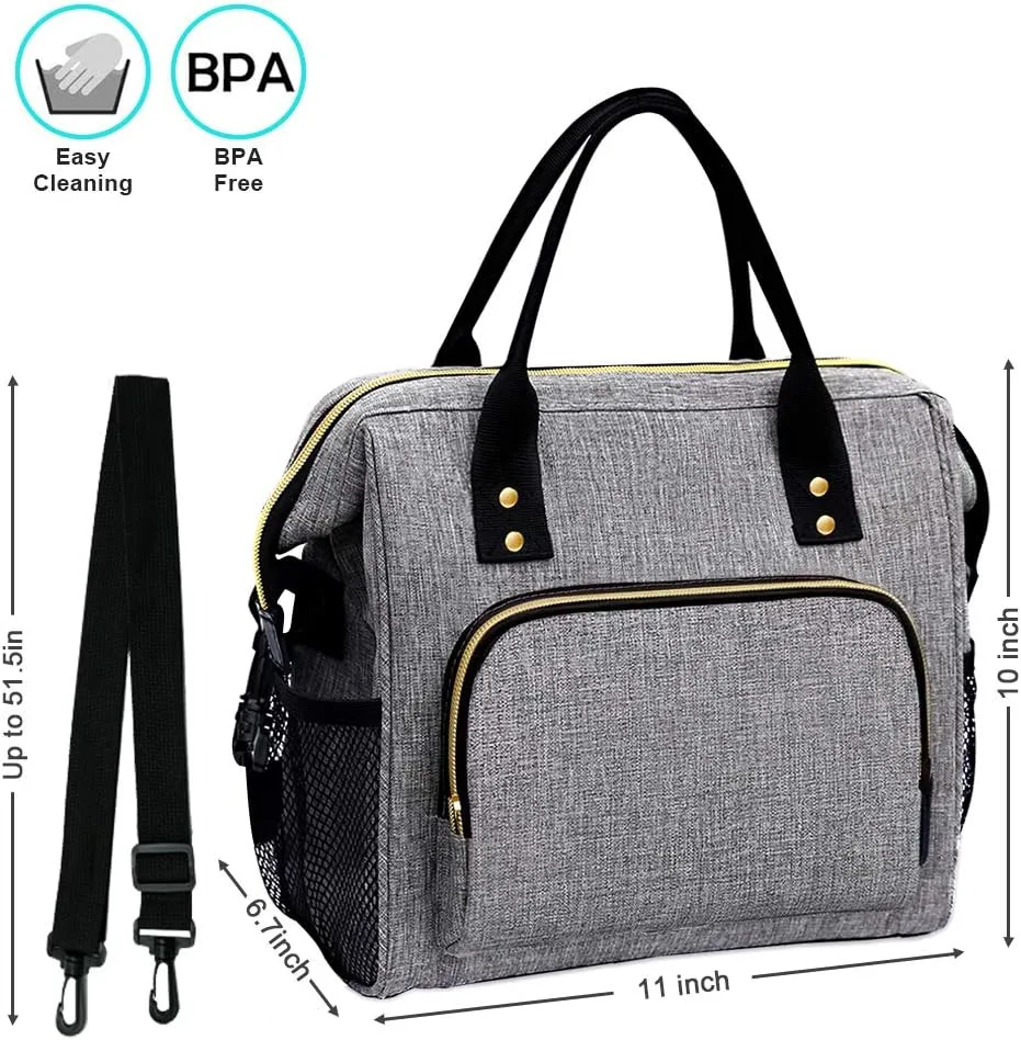 IDEATECH Lunch Bags for Women Insulated, Lunch Cooler Bag for Work, Leak Proof Large Lunch Tote Bag, Lunch Bag with Adjustable Shoulder Strap for Office/Picnic/Fishing/Beach(Grey)