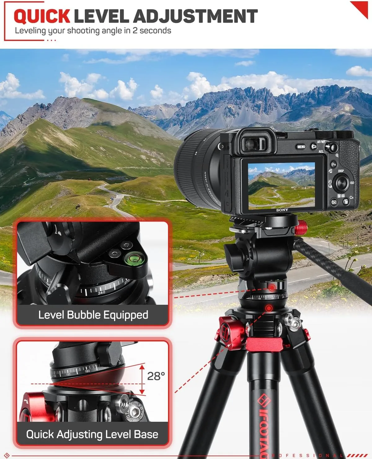 IFOOTAGE Tripod Kit, 62" Aluminum Tripod with Fluid Head, Lightweight Camera Tripod Kit, Portable Travel Tripod Kit, Compatible with Sony Canon Nikon SLR Camera - Gazelle TA3B K3