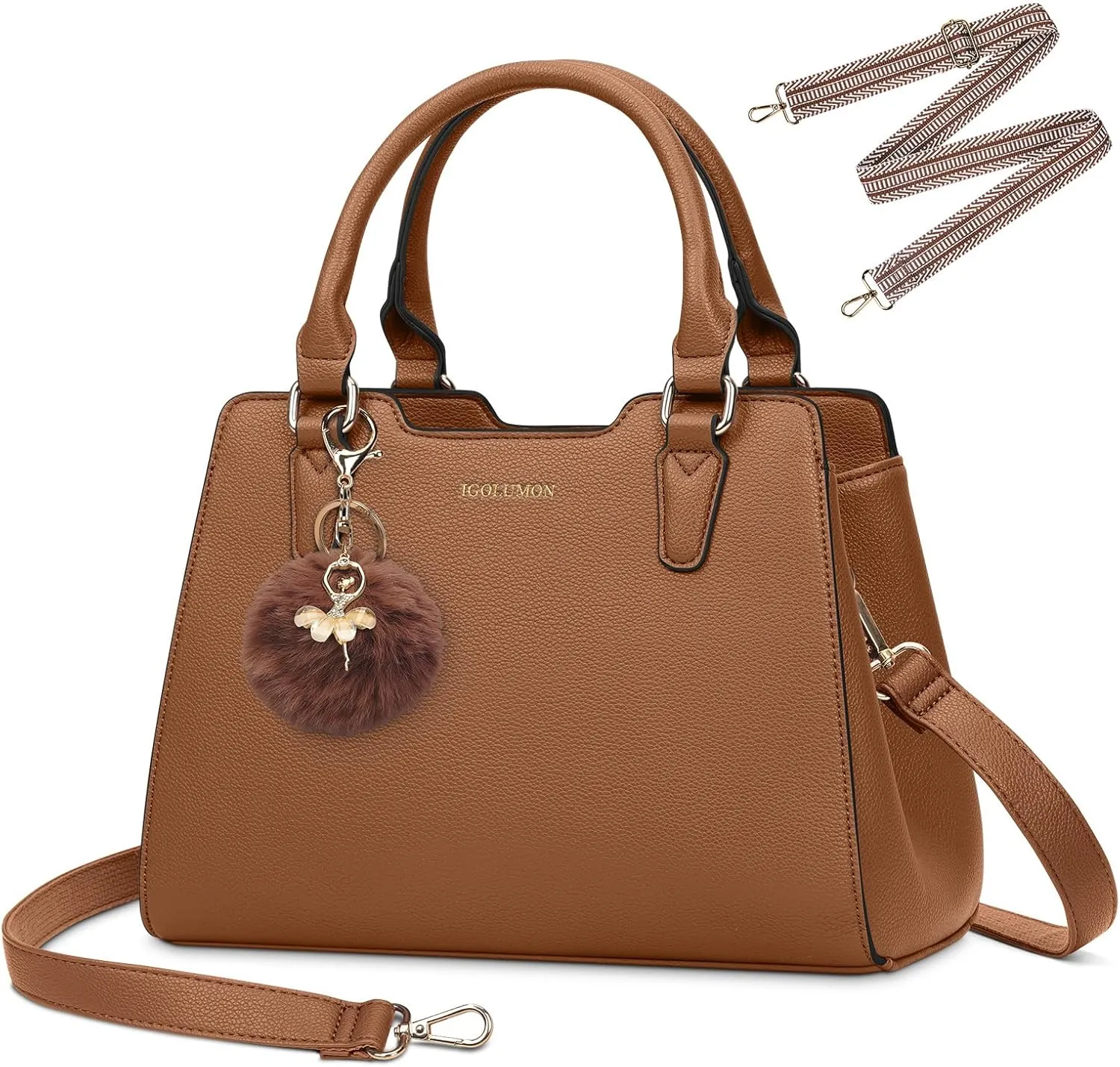 IGOLUMON Women's Top-Handle Handbags PU Vegan Leather Satchel Purses for Women Designer Tote Purse Handbag with Cute Pompom