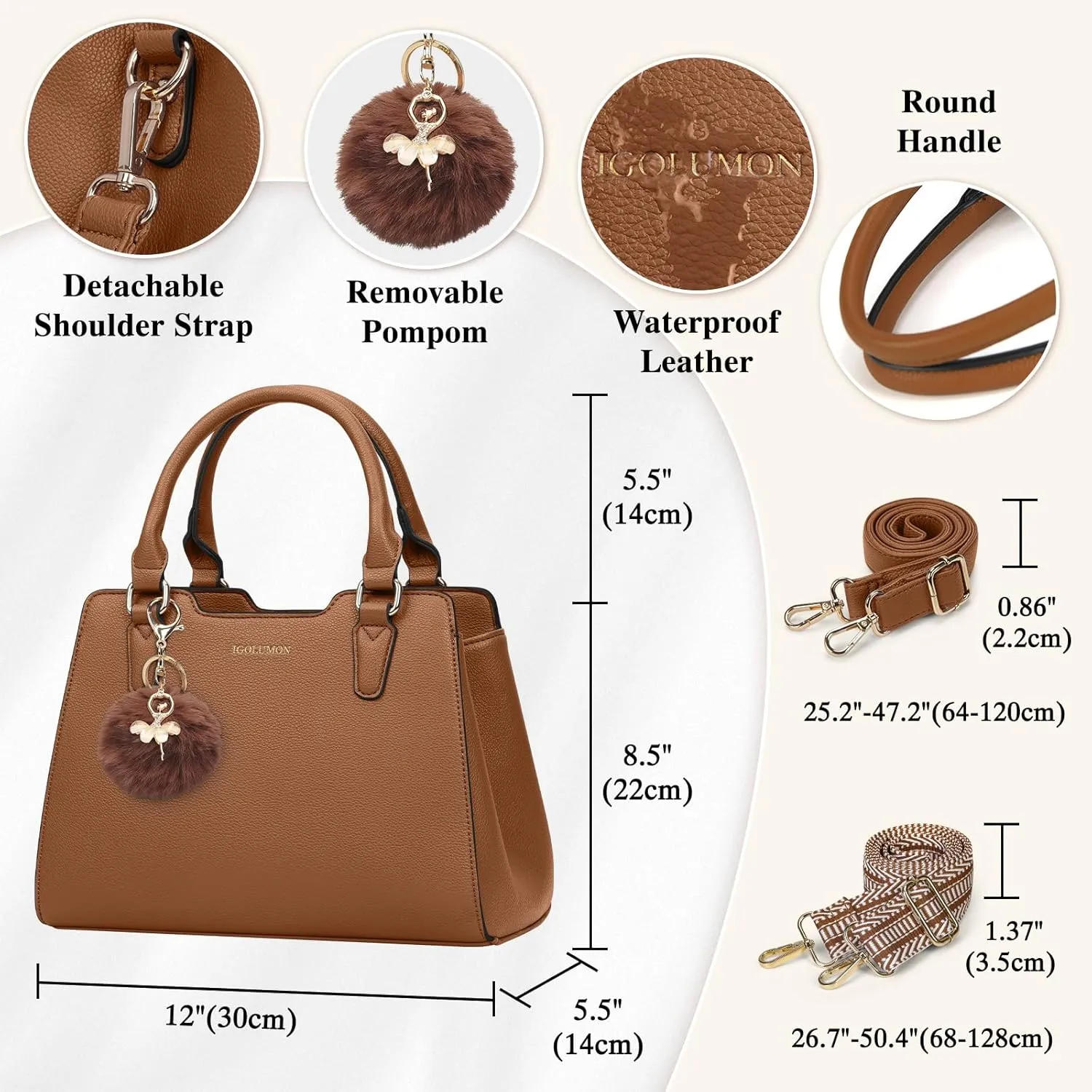 IGOLUMON Women's Top-Handle Handbags PU Vegan Leather Satchel Purses for Women Designer Tote Purse Handbag with Cute Pompom