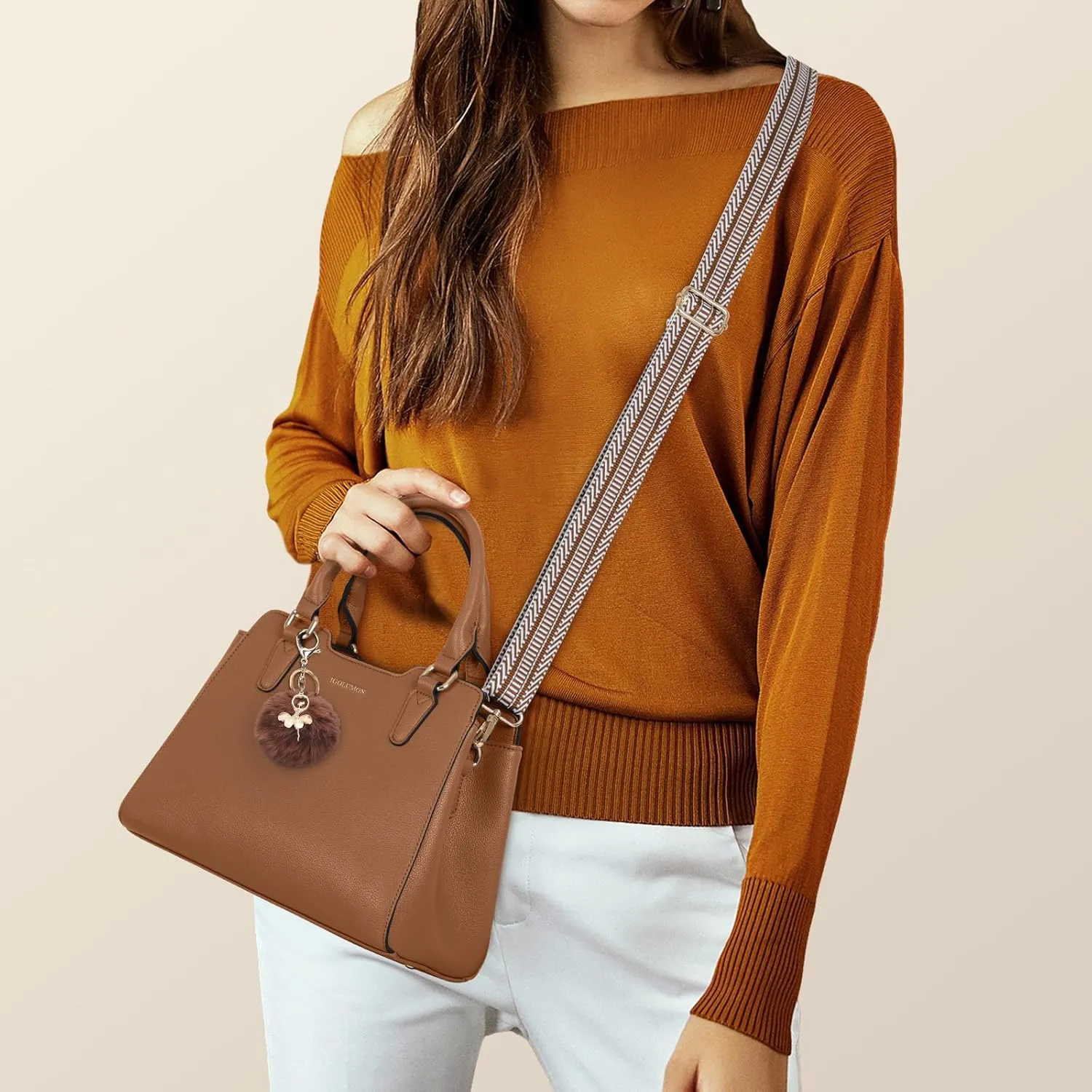 IGOLUMON Women's Top-Handle Handbags PU Vegan Leather Satchel Purses for Women Designer Tote Purse Handbag with Cute Pompom