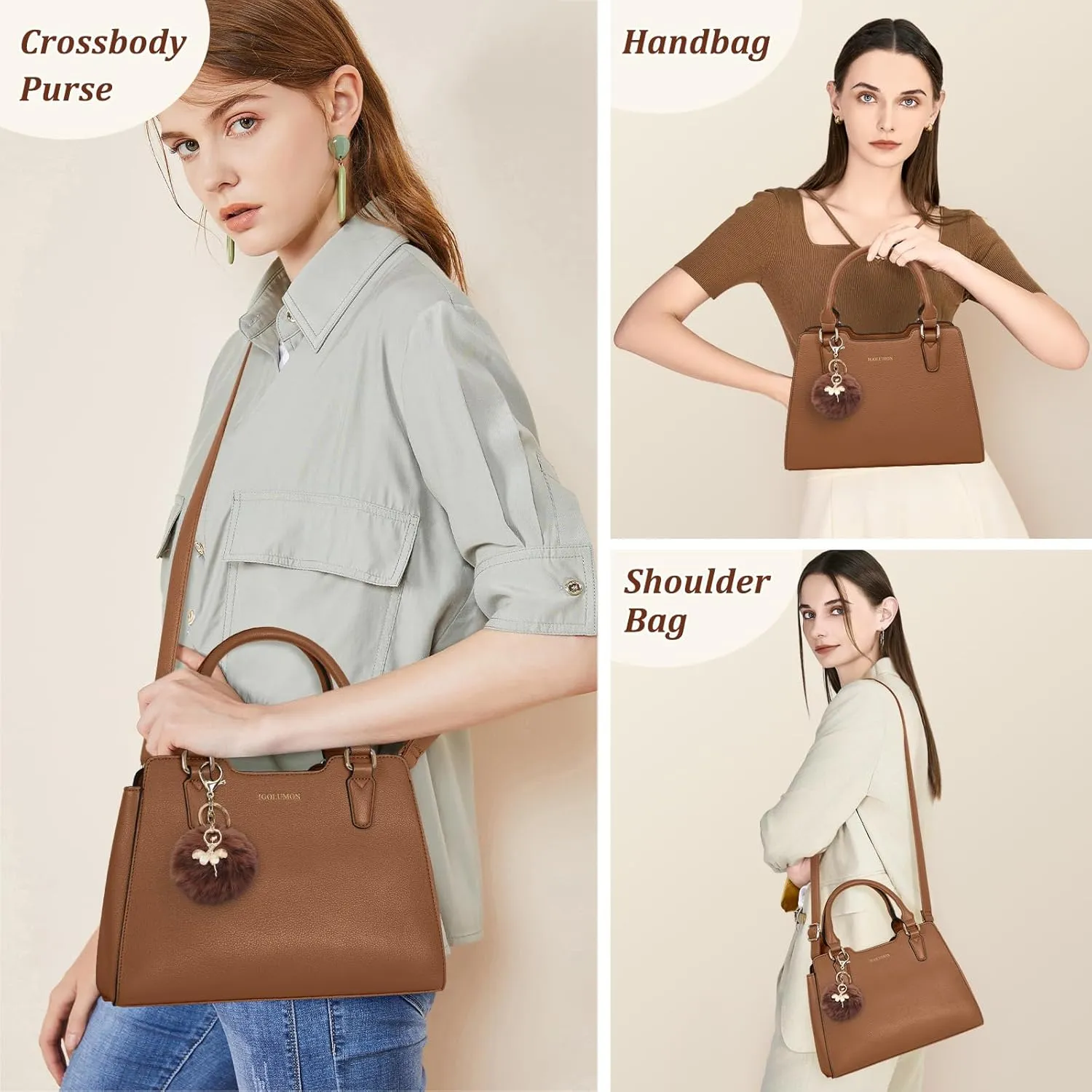 IGOLUMON Women's Top-Handle Handbags PU Vegan Leather Satchel Purses for Women Designer Tote Purse Handbag with Cute Pompom
