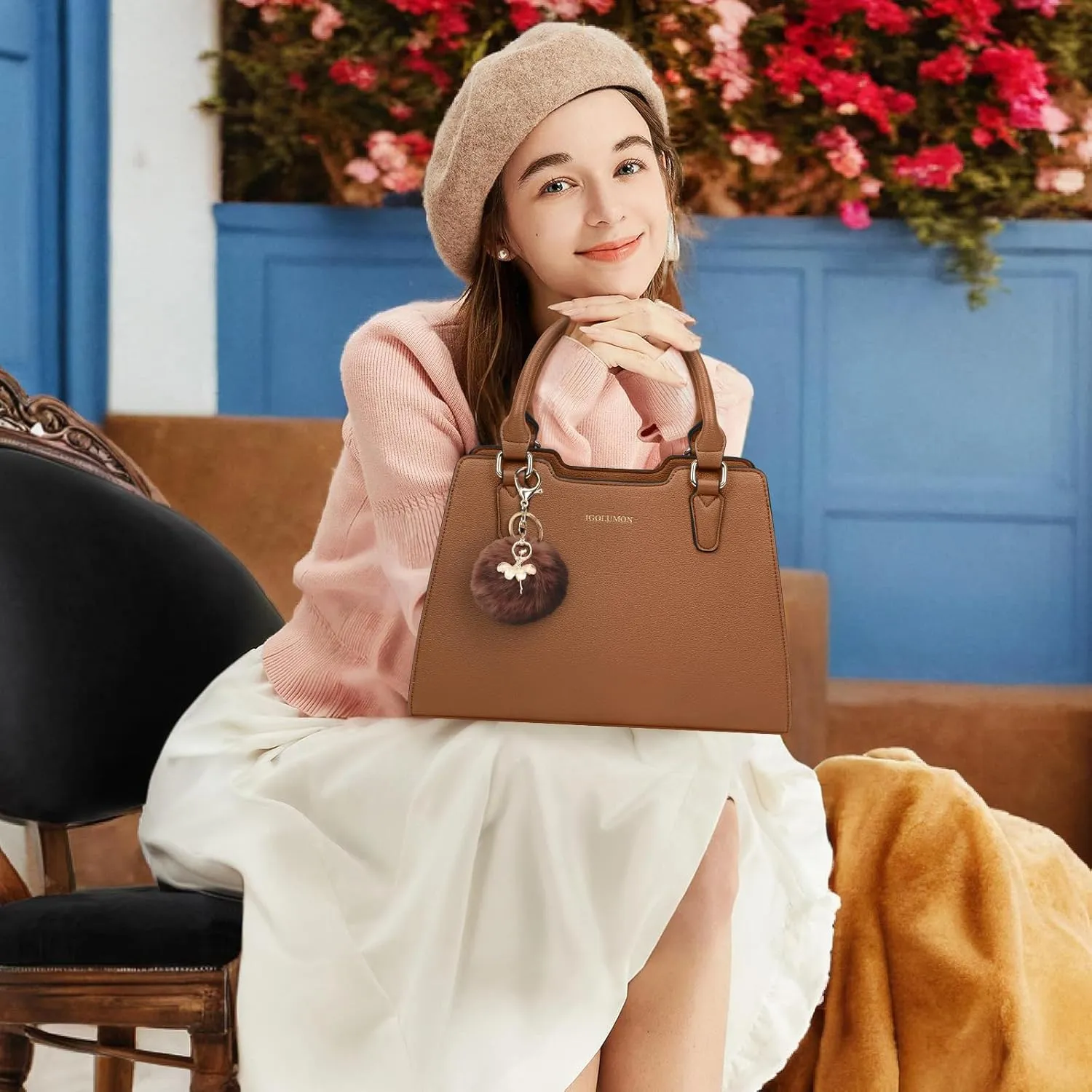 IGOLUMON Women's Top-Handle Handbags PU Vegan Leather Satchel Purses for Women Designer Tote Purse Handbag with Cute Pompom