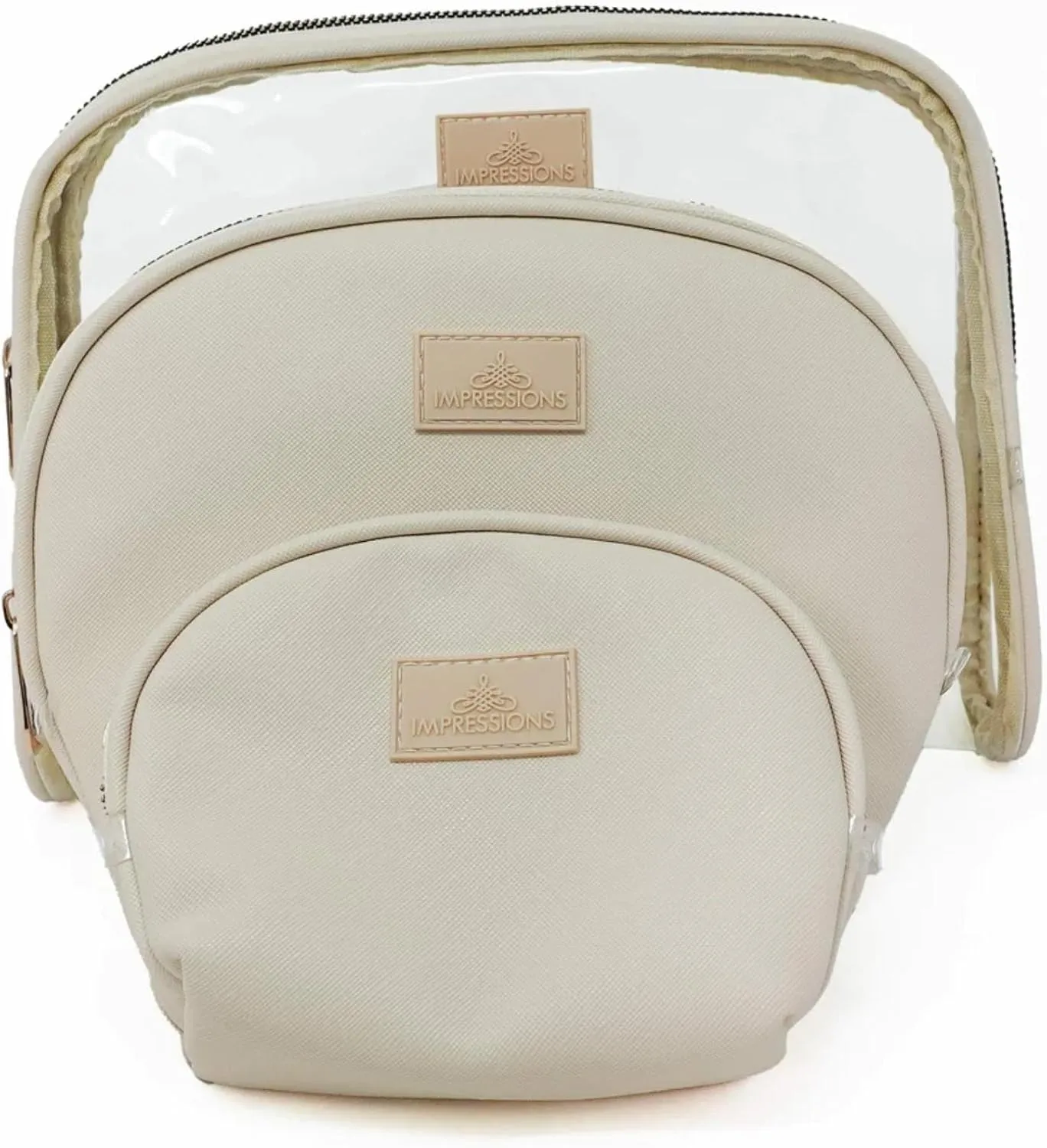 Impressions Vanity Havana Arch 3 pieces Zippered Travel Makeup Bag Set, Waterproof Faux Leather Traveling Cosmetic Pouches, and Large Clear Toiletry Bag for Women (Beige)