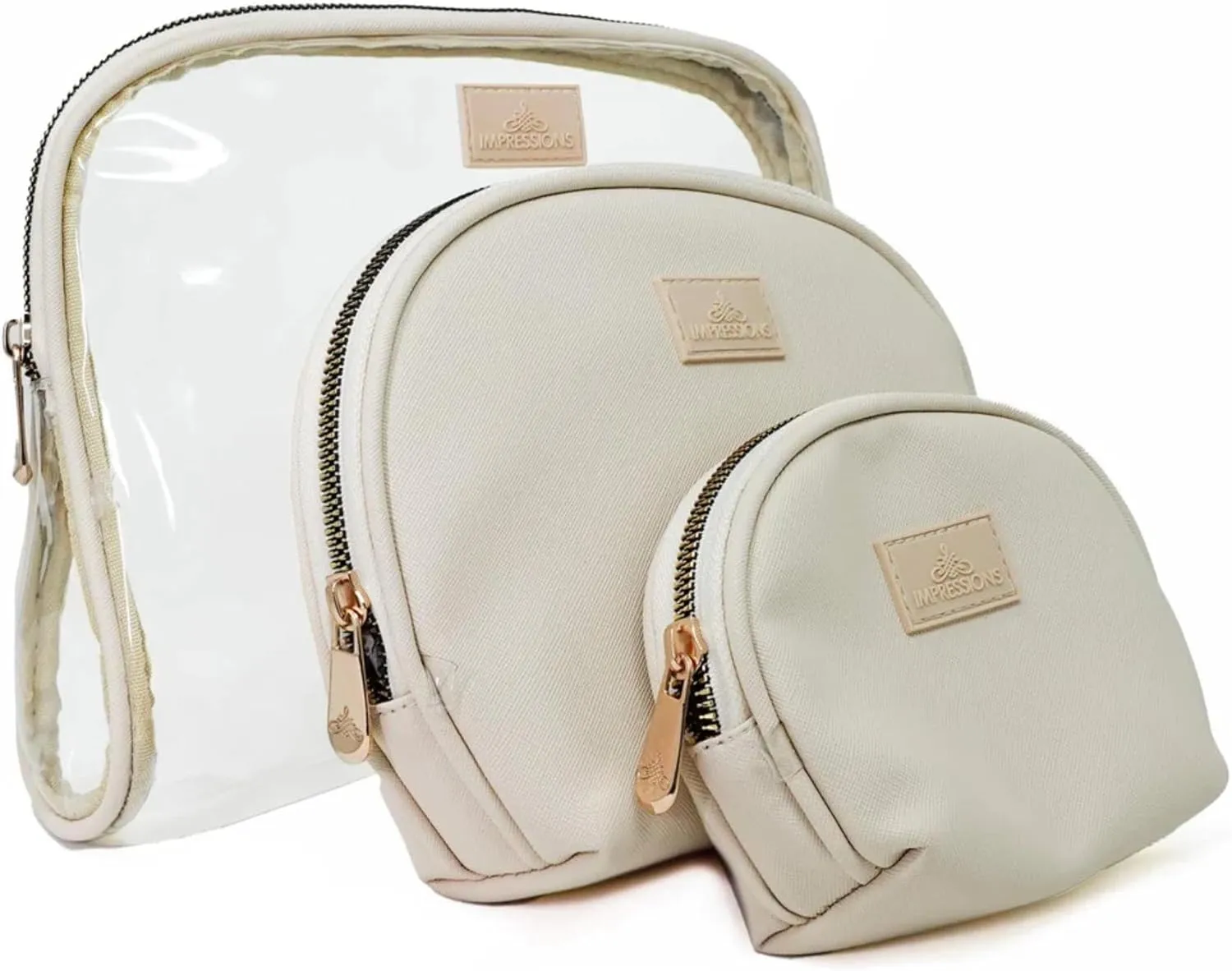 Impressions Vanity Havana Arch 3 pieces Zippered Travel Makeup Bag Set, Waterproof Faux Leather Traveling Cosmetic Pouches, and Large Clear Toiletry Bag for Women (Beige)
