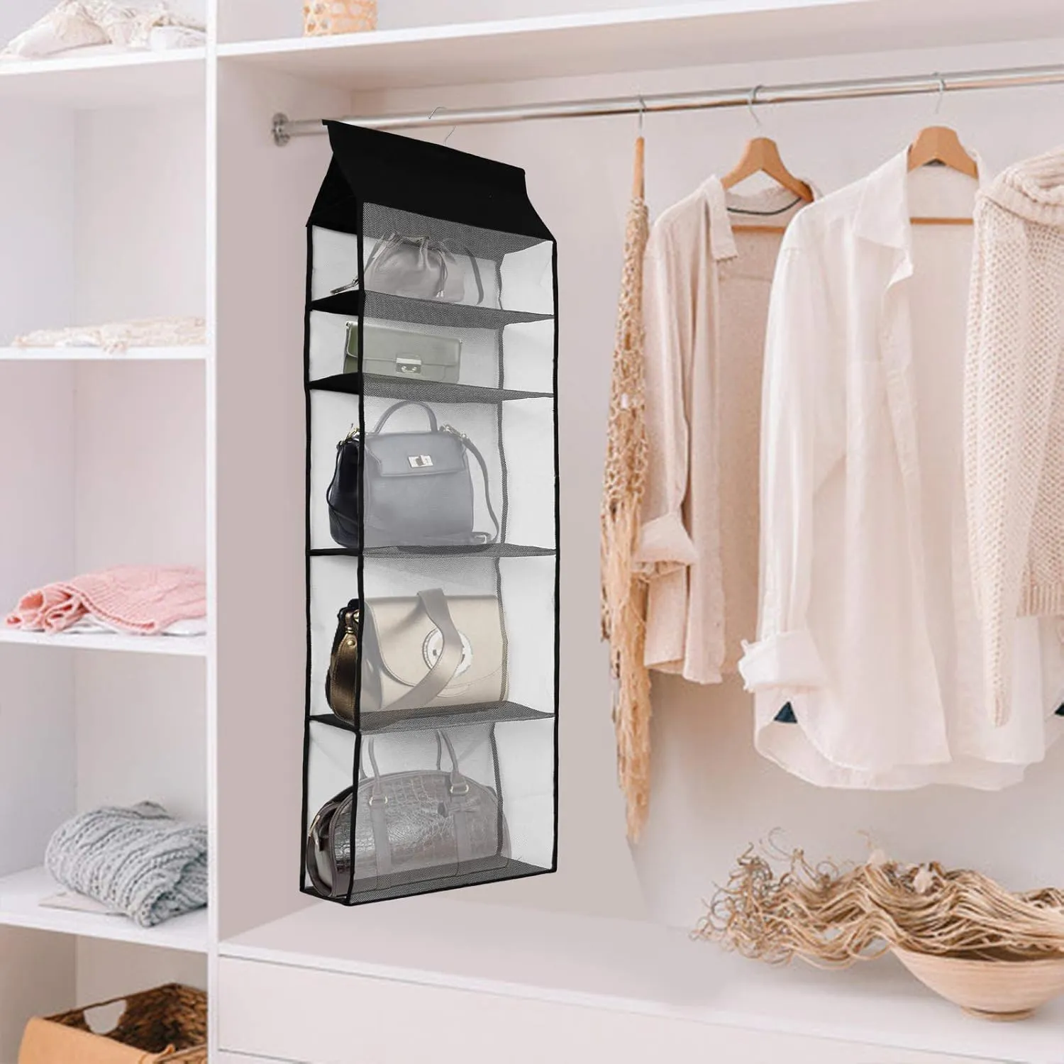 Improved Closet Handbag Purse Holder with 5 Large Heavy-Duty Mesh Shelves, Space Saving Hanging Handbag Storage Tote Bag Organizer Holder for Wardrobe Closet(Black)