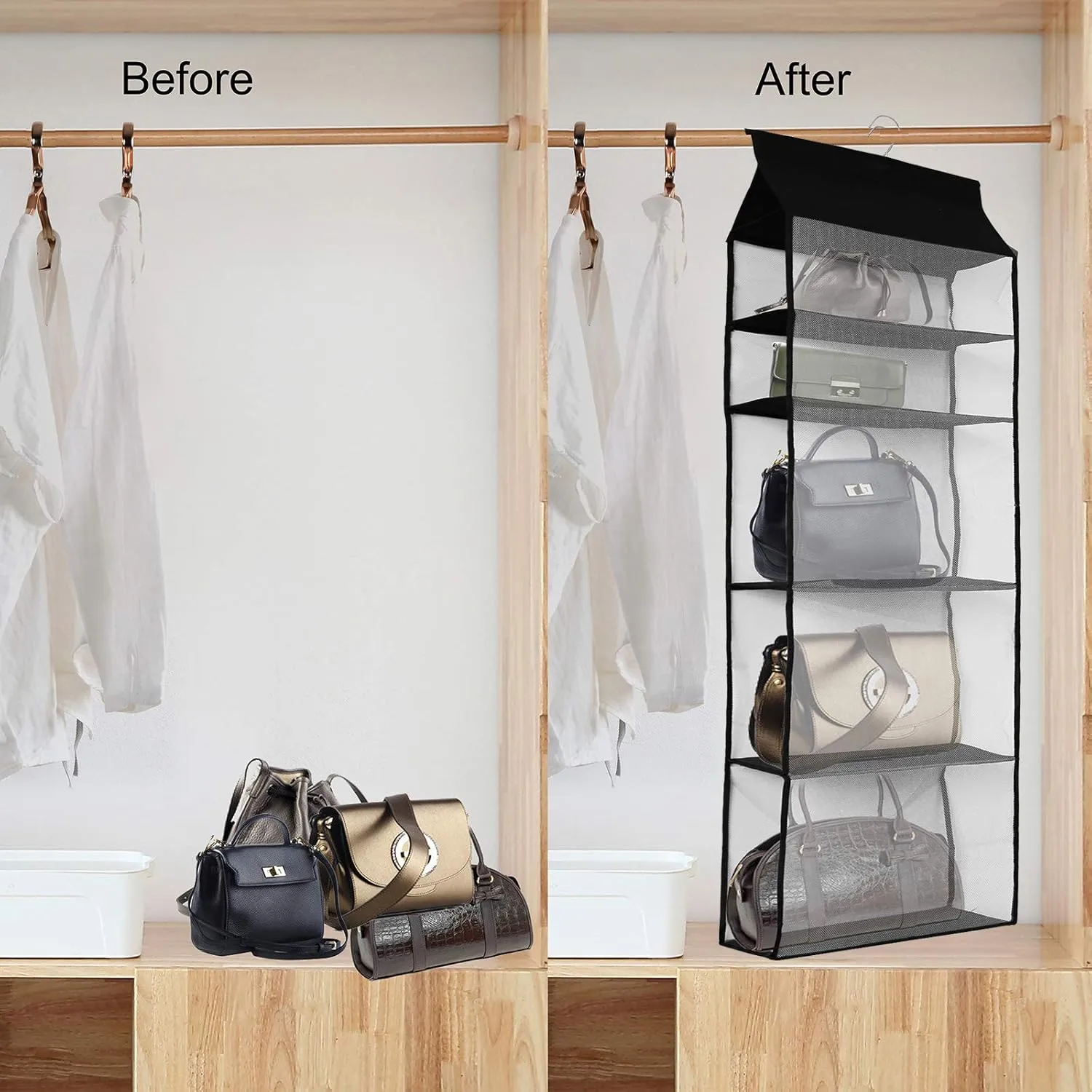 Improved Closet Handbag Purse Holder with 5 Large Heavy-Duty Mesh Shelves, Space Saving Hanging Handbag Storage Tote Bag Organizer Holder for Wardrobe Closet(Black)