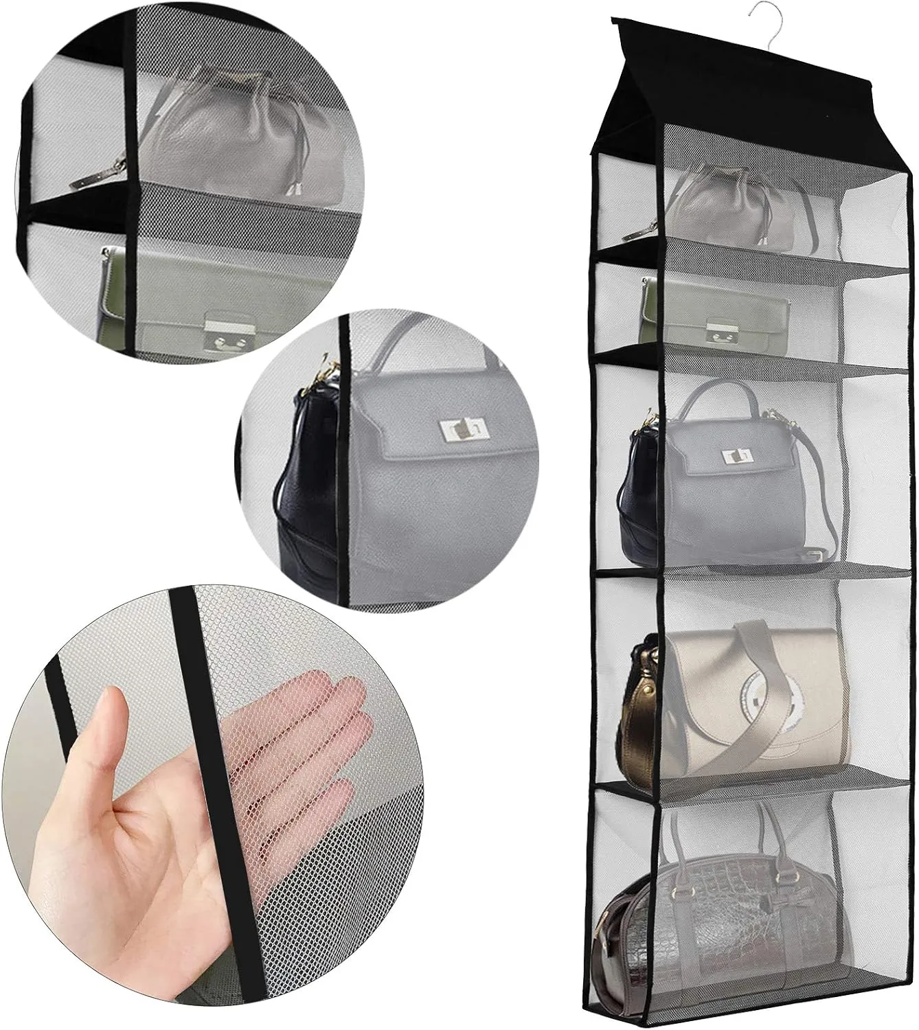 Improved Closet Handbag Purse Holder with 5 Large Heavy-Duty Mesh Shelves, Space Saving Hanging Handbag Storage Tote Bag Organizer Holder for Wardrobe Closet(Black)
