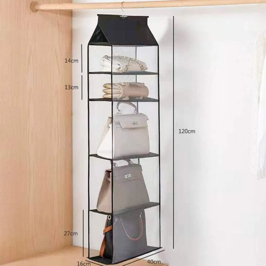 Improved Closet Handbag Purse Holder with 5 Large Heavy-Duty Mesh Shelves, Space Saving Hanging Handbag Storage Tote Bag Organizer Holder for Wardrobe Closet(Black)