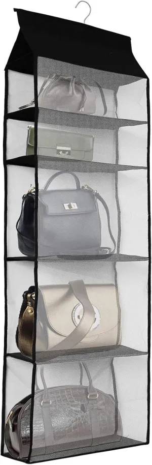 Improved Closet Handbag Purse Holder with 5 Large Heavy-Duty Mesh Shelves, Space Saving Hanging Handbag Storage Tote Bag Organizer Holder for Wardrobe Closet(Black)