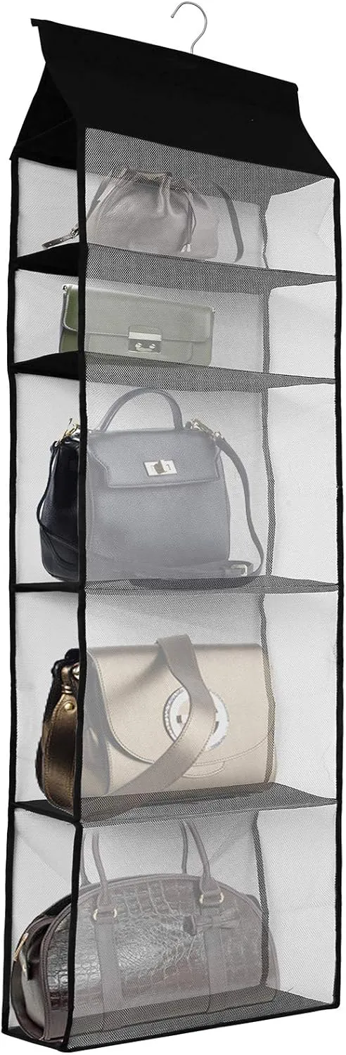 Improved Closet Handbag Purse Holder with 5 Large Heavy-Duty Mesh Shelves, Space Saving Hanging Handbag Storage Tote Bag Organizer Holder for Wardrobe Closet(Black)