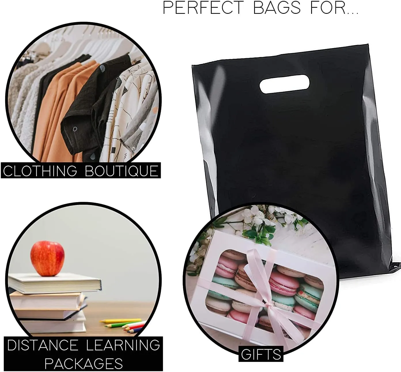 Infinite Pack Plastic Bag with Die Cut Handle Bag 16" x 18" Black Plastic Merchandise Bags 100 Pack for Retail, Gifts, Trade Show and More