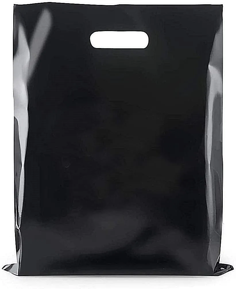 Infinite Pack Plastic Bag with Die Cut Handle Bag 16" x 18" Black Plastic Merchandise Bags 100 Pack for Retail, Gifts, Trade Show and More