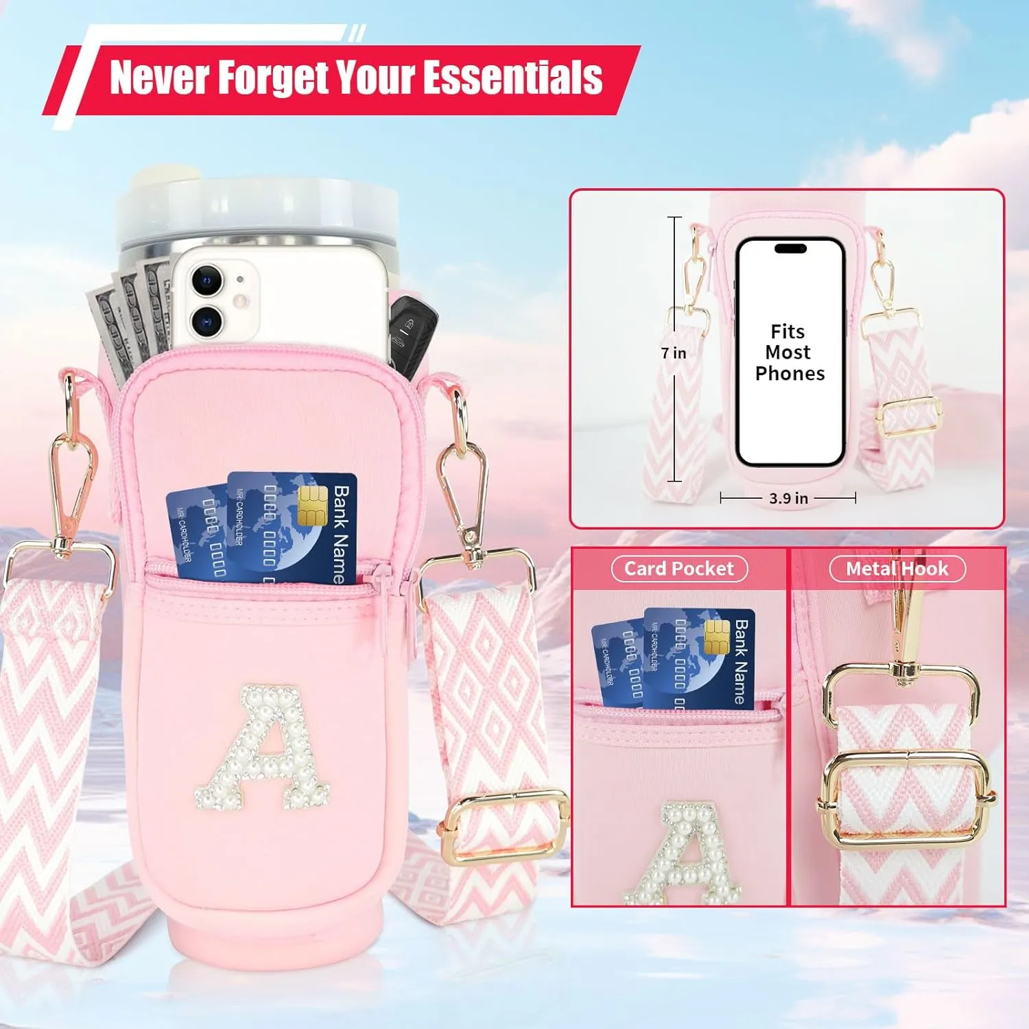 Initial A-Z Water Bottle Carrier Bag with Strap for Stanley 40 oz Tumbler, Personalized Water Bottle Holder Pouch with Pearl Letter Phone Pocket for Stanley Cup Accessories Custom Gift for Women Girls