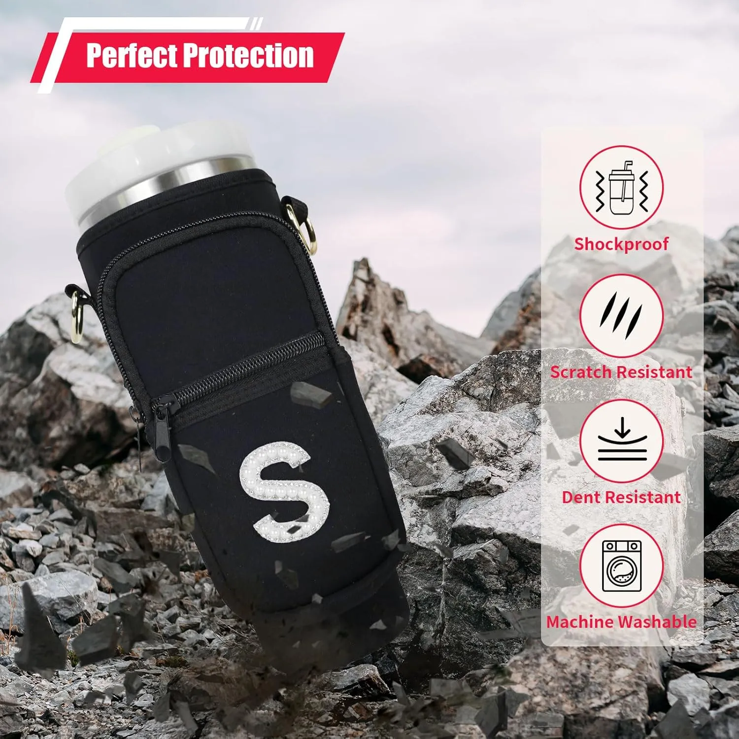 Initial A-Z Water Bottle Carrier Bag with Strap for Stanley 40 oz Tumbler, Personalized Water Bottle Holder Pouch with Pearl Letter Phone Pocket for Stanley Cup Accessories Custom Gift for Women Girls