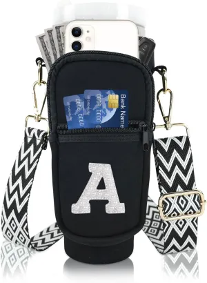 Initial A-Z Water Bottle Carrier Bag with Strap for Stanley 40 oz Tumbler, Personalized Water Bottle Holder Pouch with Pearl Letter Phone Pocket for Stanley Cup Accessories Custom Gift for Women Girls