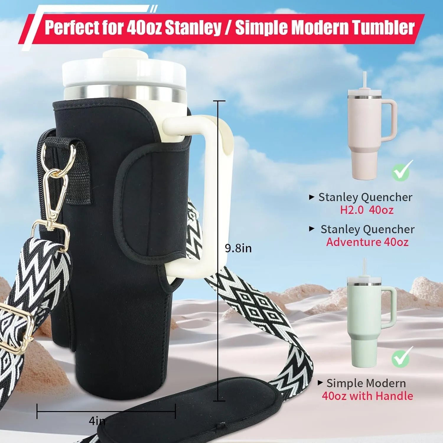 Initial A-Z Water Bottle Carrier Bag with Strap for Stanley 40 oz Tumbler, Personalized Water Bottle Holder Pouch with Pearl Letter Phone Pocket for Stanley Cup Accessories Custom Gift for Women Girls