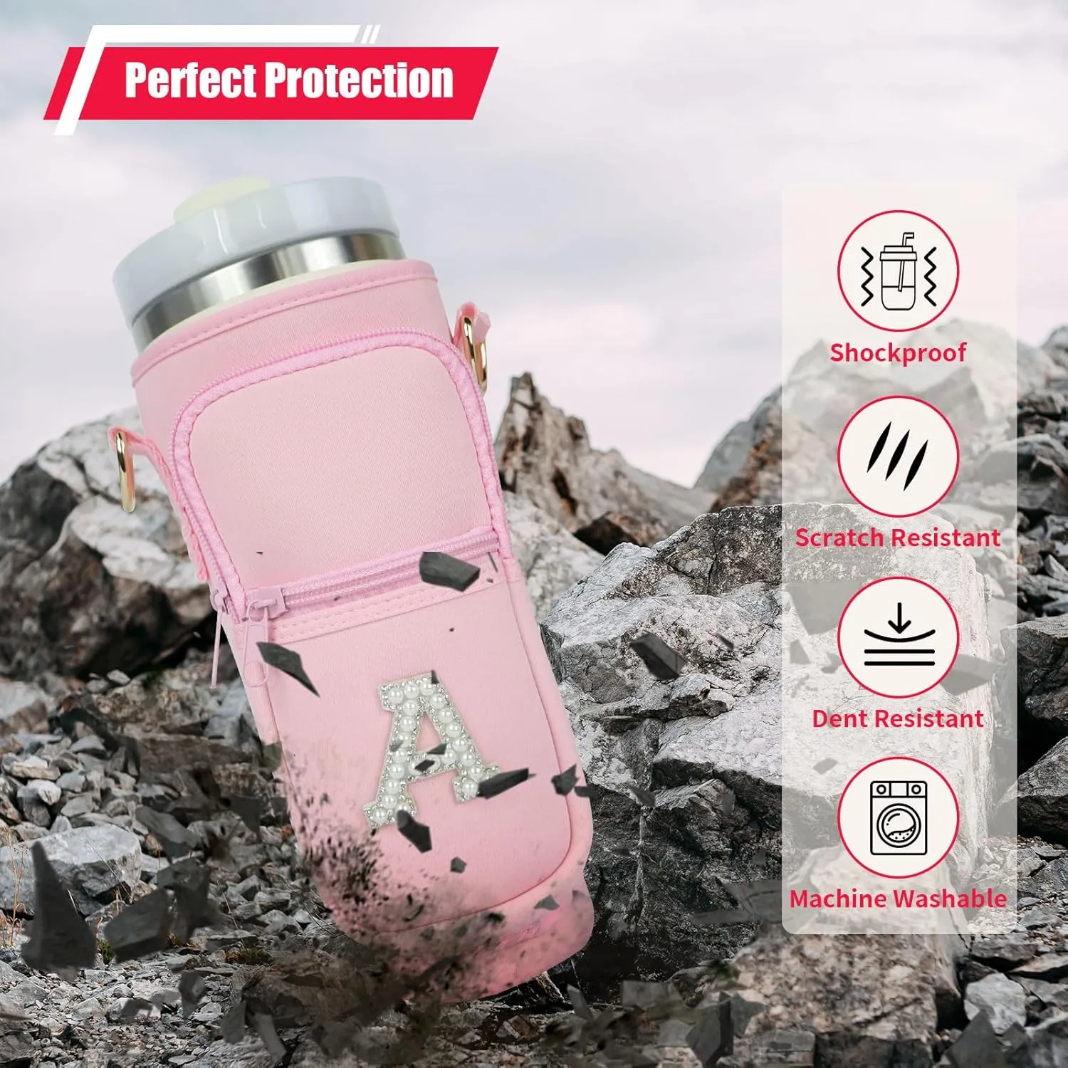 Initial A-Z Water Bottle Carrier Bag with Strap for Stanley 40 oz Tumbler, Personalized Water Bottle Holder Pouch with Pearl Letter Phone Pocket for Stanley Cup Accessories Custom Gift for Women Girls