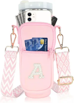 Initial A-Z Water Bottle Carrier Bag with Strap for Stanley 40 oz Tumbler, Personalized Water Bottle Holder Pouch with Pearl Letter Phone Pocket for Stanley Cup Accessories Custom Gift for Women Girls