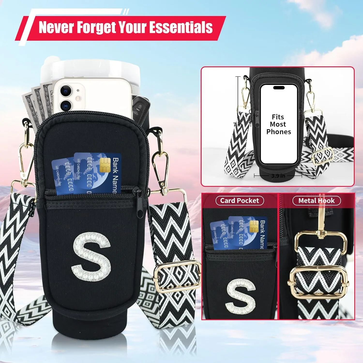 Initial A-Z Water Bottle Carrier Bag with Strap for Stanley 40 oz Tumbler, Personalized Water Bottle Holder Pouch with Pearl Letter Phone Pocket for Stanley Cup Accessories Custom Gift for Women Girls