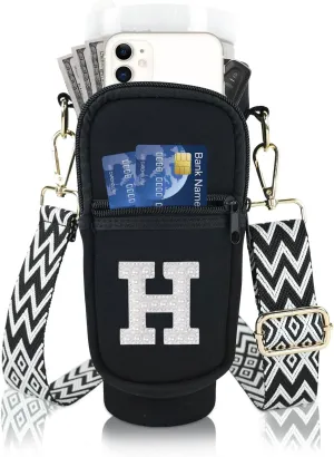 Initial A-Z Water Bottle Carrier Bag with Strap for Stanley 40 oz Tumbler, Personalized Water Bottle Holder Pouch with Pearl Letter Phone Pocket for Stanley Cup Accessories Custom Gift for Women Girls