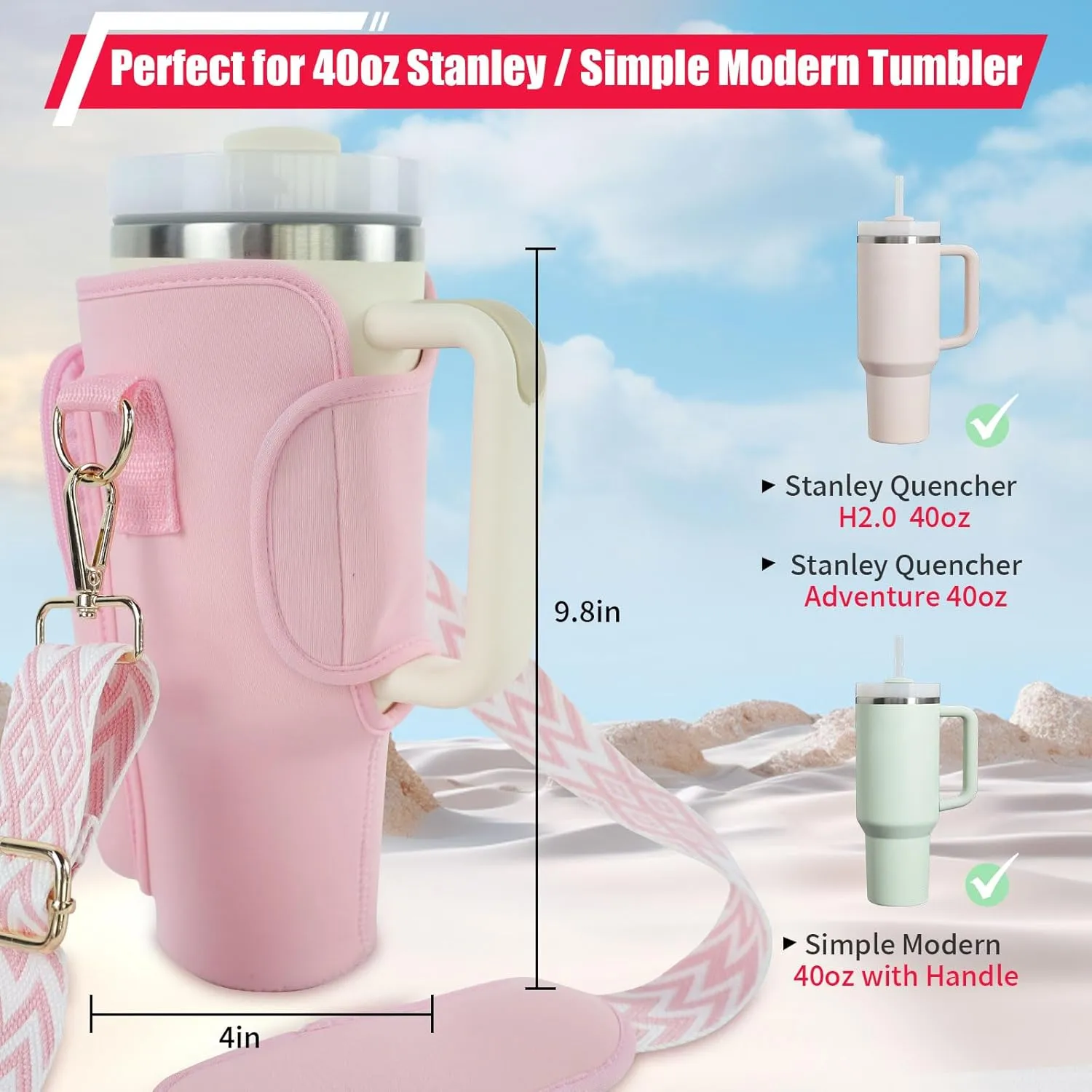 Initial A-Z Water Bottle Carrier Bag with Strap for Stanley 40 oz Tumbler, Personalized Water Bottle Holder Pouch with Pearl Letter Phone Pocket for Stanley Cup Accessories Custom Gift for Women Girls