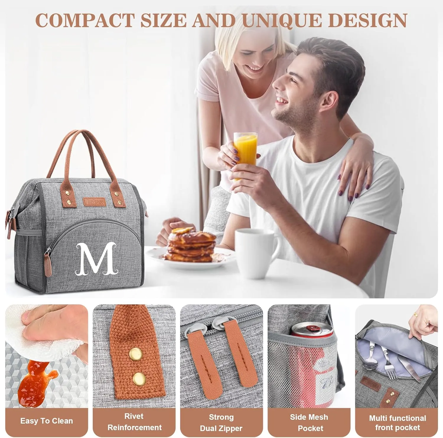 Initial Lunch Bag Women Insulated Lunch Box Wide-Open Lunch Tote Bag Large Drinks Holder Durable Nylon Thermal Snacks Organizer for Work, Travel, Picnic Personalized Gifts for Women/Teacher