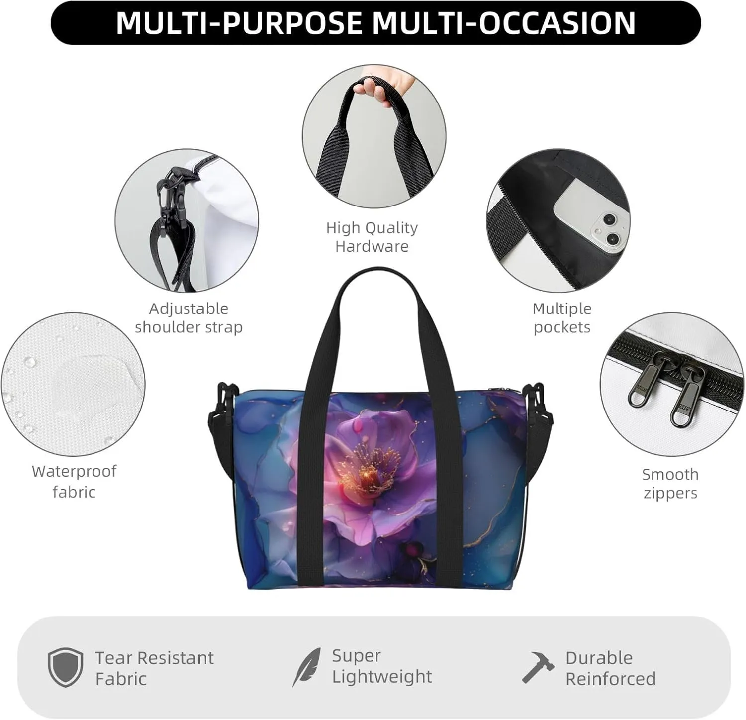 ink with a gold leading print Travel Duffel Bag, Sports Tote Gym Bag, Swim Pool Bag Large Shoulder Tote Bag for Beach Weekender
