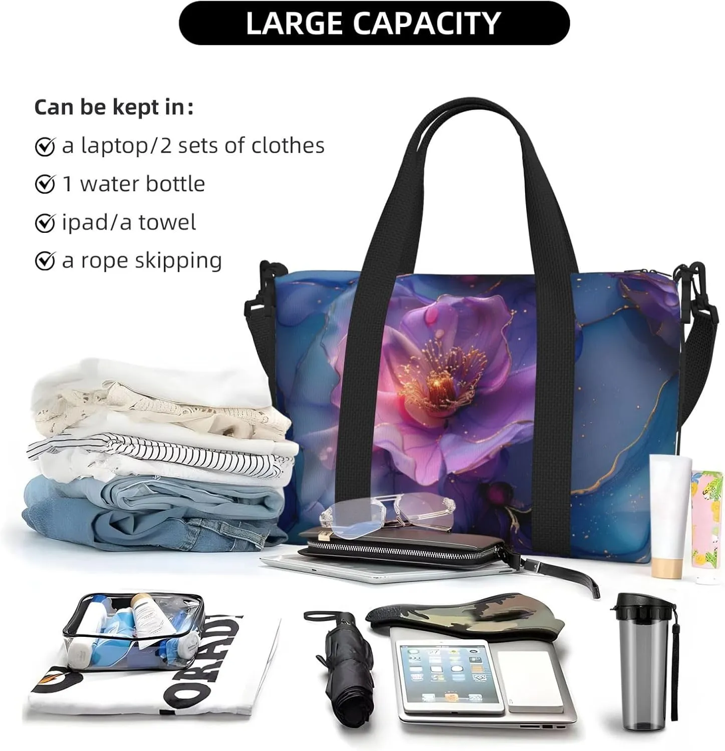 ink with a gold leading print Travel Duffel Bag, Sports Tote Gym Bag, Swim Pool Bag Large Shoulder Tote Bag for Beach Weekender