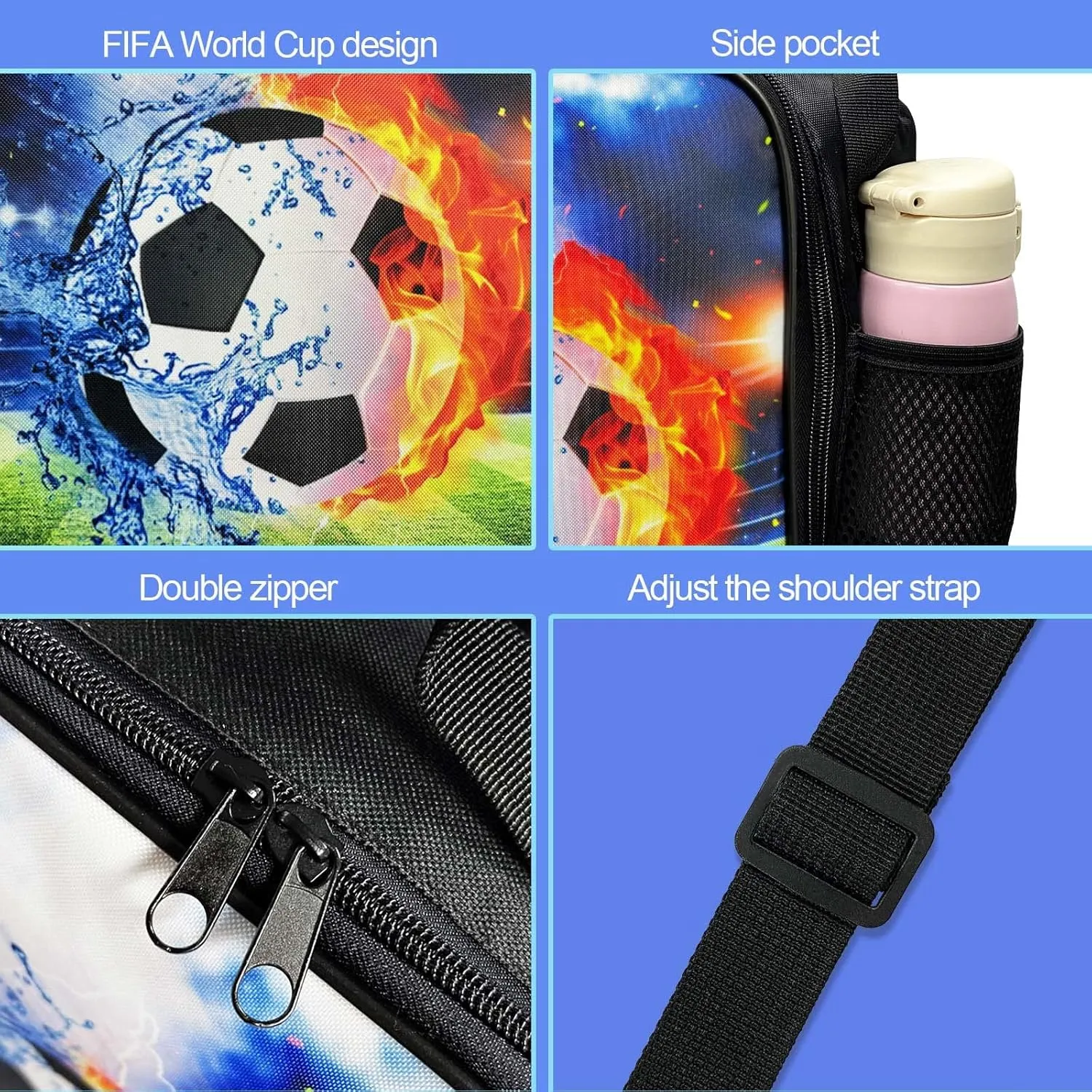 Insulated Lunch Bag for Girls&Boys, Kids Lunch Box, Soccer Lunch Bag with Shoulder Strap, School Bento Lunch Box for Kids Toddlers Teens, Black White Football Reusable Cooler Thermal Meal Tote Kit