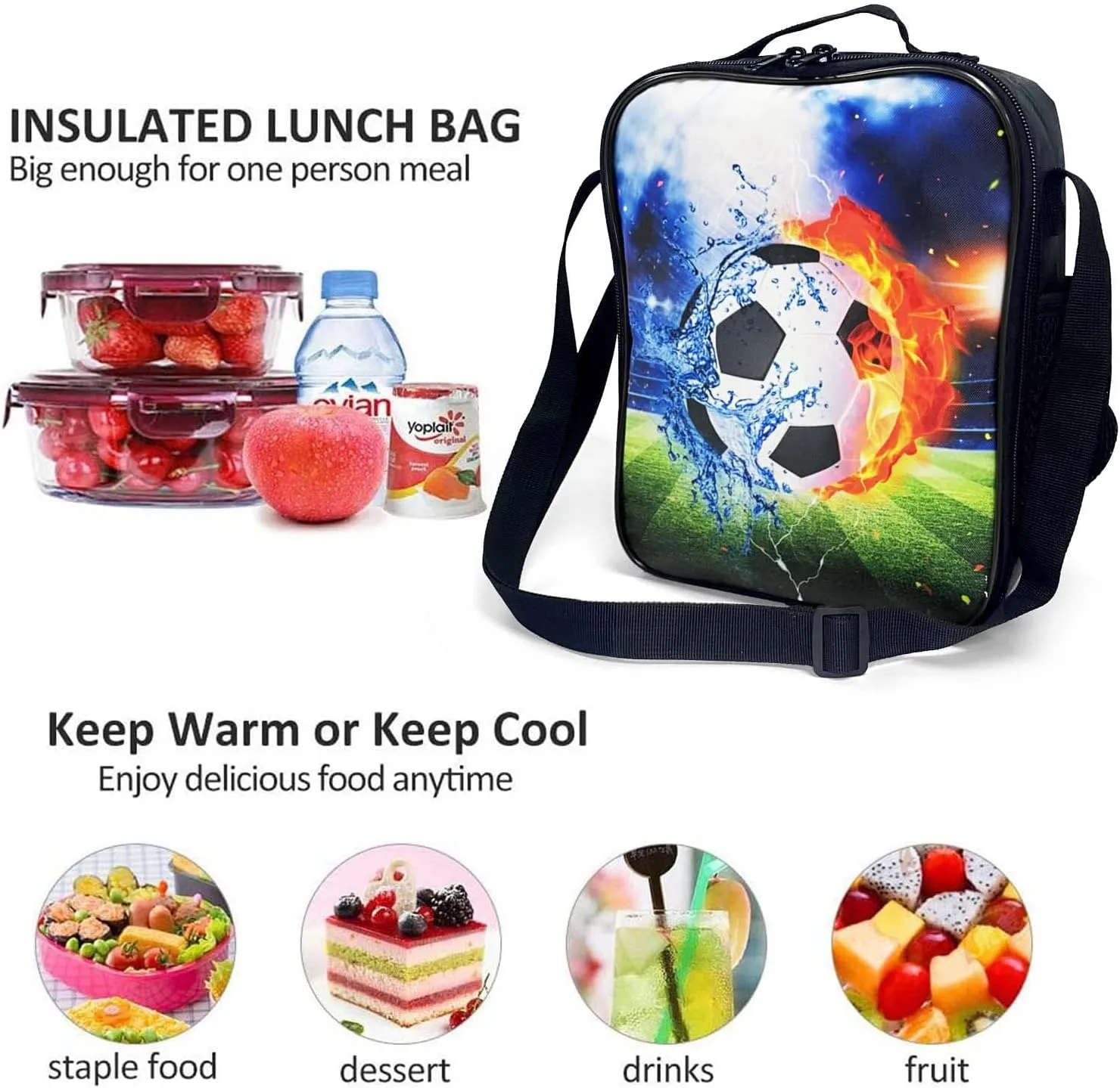 Insulated Lunch Bag for Girls&Boys, Kids Lunch Box, Soccer Lunch Bag with Shoulder Strap, School Bento Lunch Box for Kids Toddlers Teens, Black White Football Reusable Cooler Thermal Meal Tote Kit