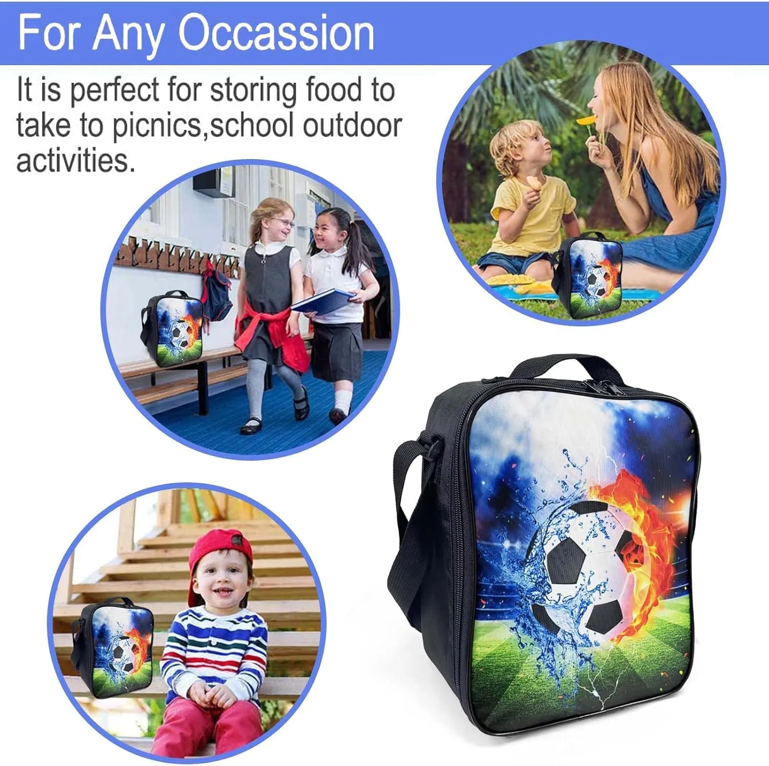 Insulated Lunch Bag for Girls&Boys, Kids Lunch Box, Soccer Lunch Bag with Shoulder Strap, School Bento Lunch Box for Kids Toddlers Teens, Black White Football Reusable Cooler Thermal Meal Tote Kit