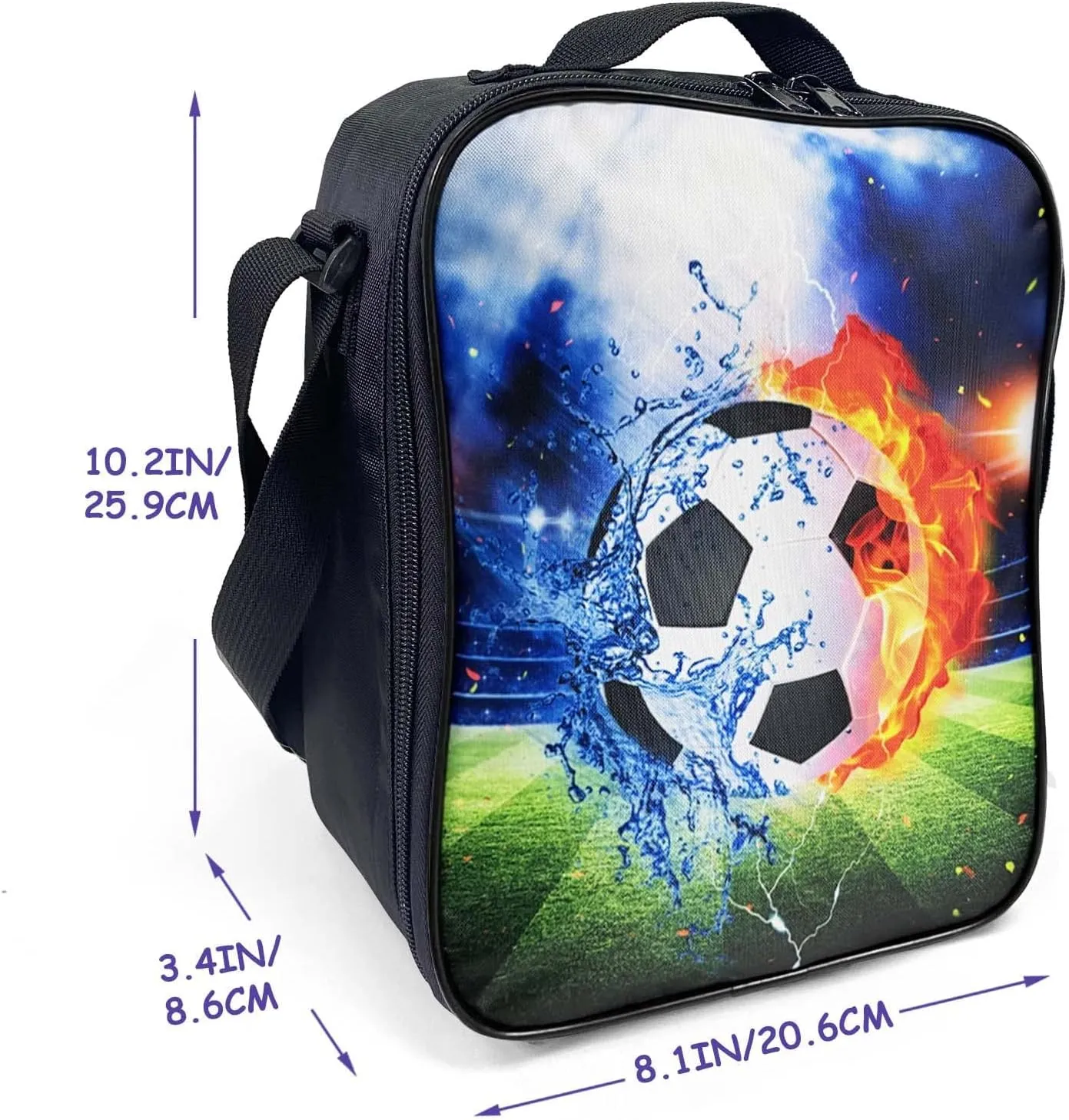 Insulated Lunch Bag for Girls&Boys, Kids Lunch Box, Soccer Lunch Bag with Shoulder Strap, School Bento Lunch Box for Kids Toddlers Teens, Black White Football Reusable Cooler Thermal Meal Tote Kit