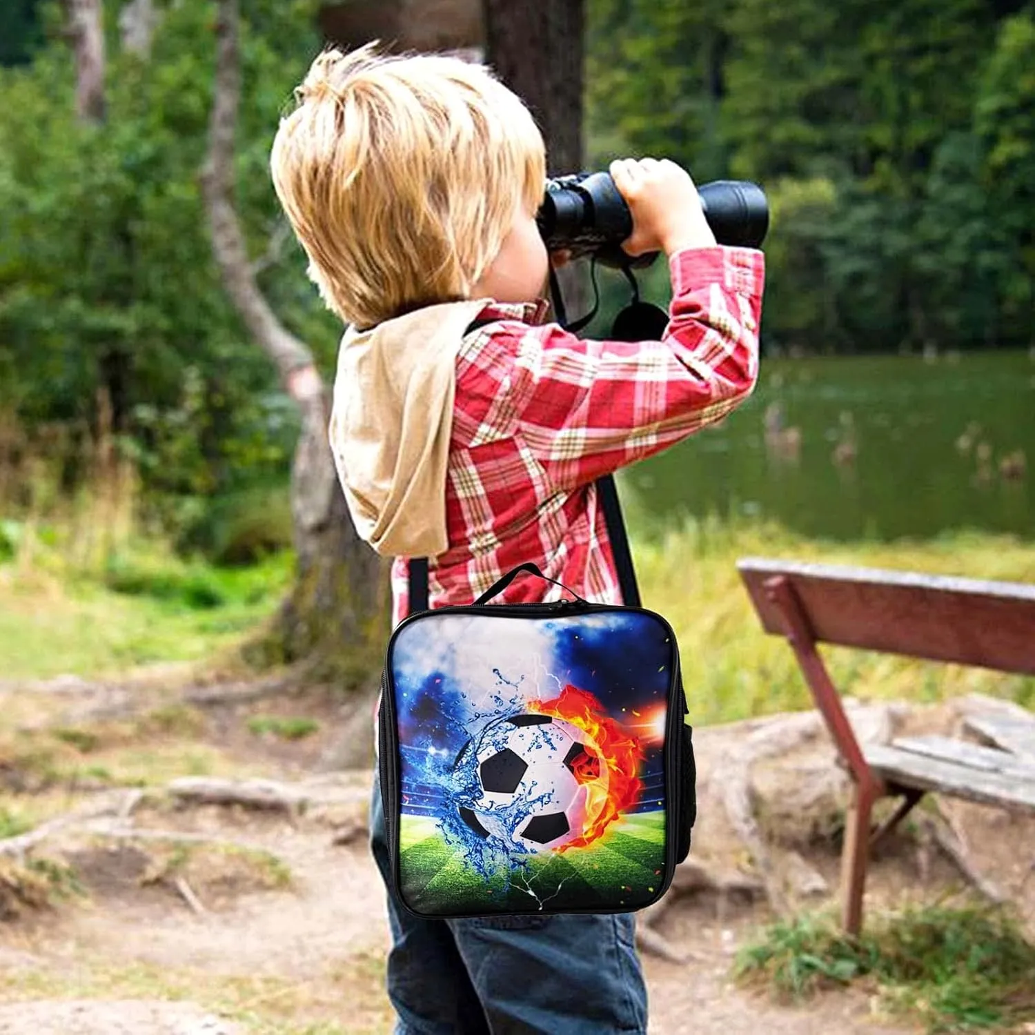 Insulated Lunch Bag for Girls&Boys, Kids Lunch Box, Soccer Lunch Bag with Shoulder Strap, School Bento Lunch Box for Kids Toddlers Teens, Black White Football Reusable Cooler Thermal Meal Tote Kit
