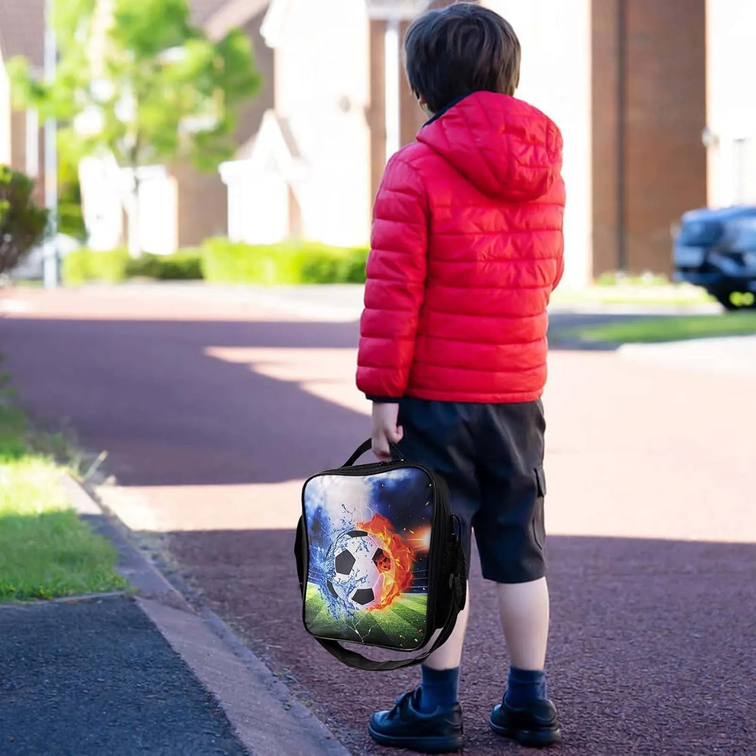 Insulated Lunch Bag for Girls&Boys, Kids Lunch Box, Soccer Lunch Bag with Shoulder Strap, School Bento Lunch Box for Kids Toddlers Teens, Black White Football Reusable Cooler Thermal Meal Tote Kit