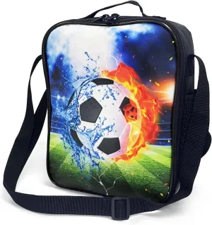 Insulated Lunch Bag for Girls&Boys, Kids Lunch Box, Soccer Lunch Bag with Shoulder Strap, School Bento Lunch Box for Kids Toddlers Teens, Black White Football Reusable Cooler Thermal Meal Tote Kit