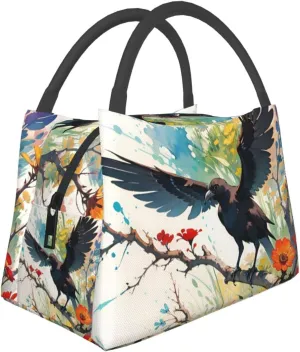 Insulated Lunch Bag for Men Women, Reusable Large Capacity Lunch Box, Leakproof Thermal Meal Cooler Handbags Tote Bag for Office Work Picnic, Crow Sunflowers Branch