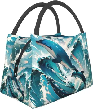 Insulated Lunch Bag for Men Women, Reusable Large Capacity Lunch Box, Leakproof Thermal Meal Cooler Handbags Tote Bag for Office Work Picnic, Cute Dolphins Leap Out Sea