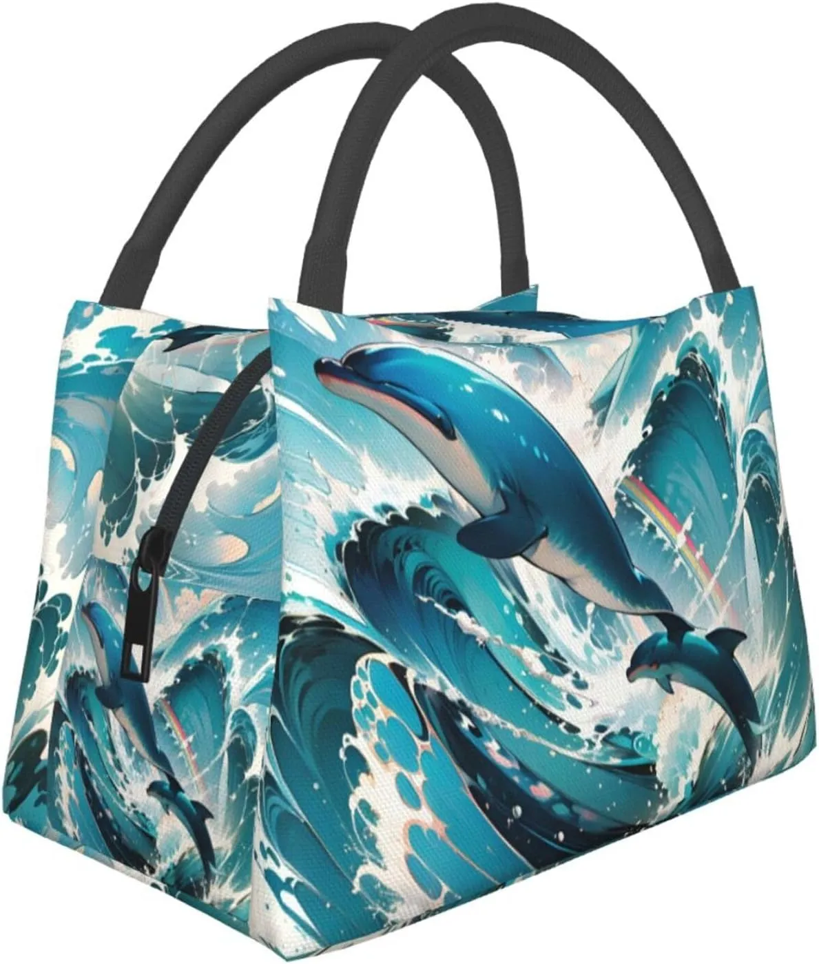 Insulated Lunch Bag for Men Women, Reusable Large Capacity Lunch Box, Leakproof Thermal Meal Cooler Handbags Tote Bag for Office Work Picnic, Cute Dolphins Leap Out Sea