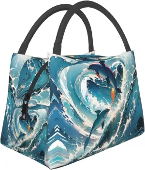 Insulated Lunch Bag for Men Women, Reusable Large Capacity Lunch Box, Leakproof Thermal Meal Cooler Handbags Tote Bag for Office Work Picnic, Dolphins Leap Out Sea